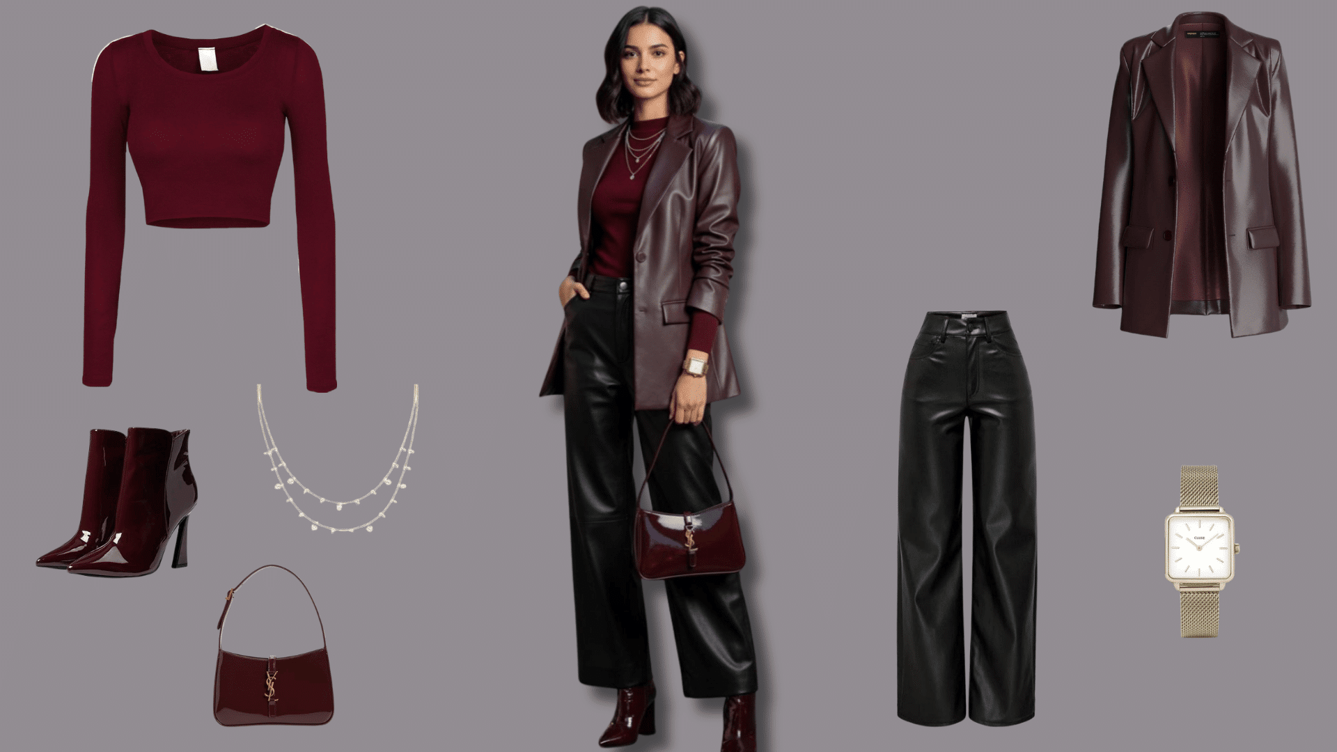 Dressy leather pants outfit with a blazer, blouse, heels, and elegant accessories