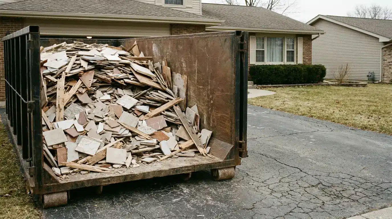 Large dumpster filled with construction debris on cracked driveway in front of suburban house