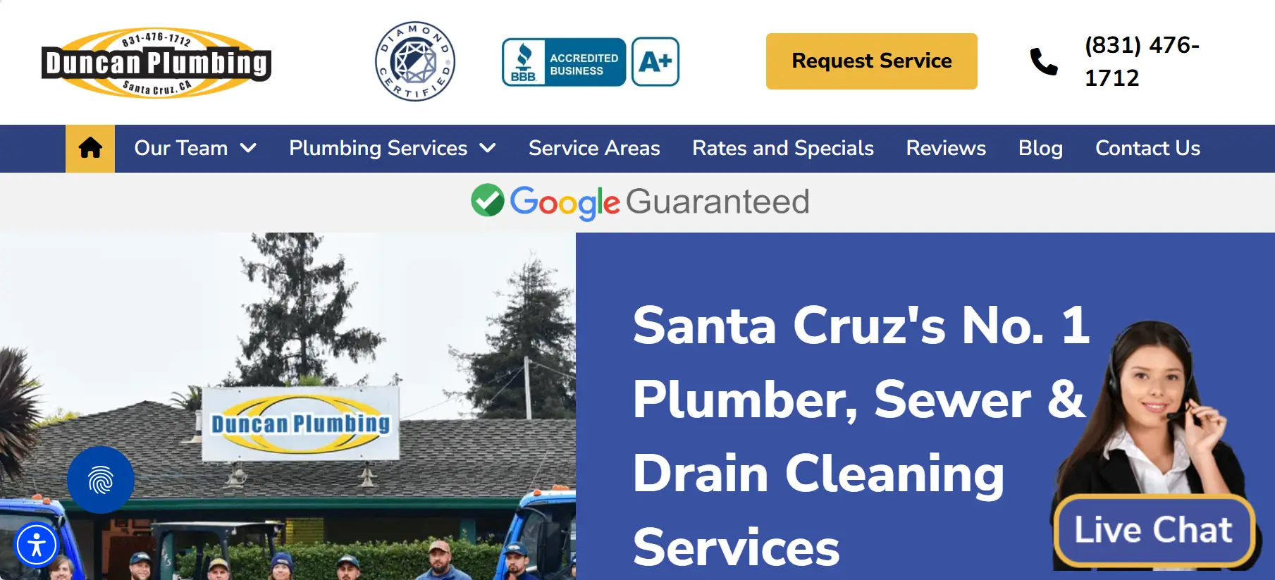 Plumbing company website header with service options and contact information in a blue and white layout
