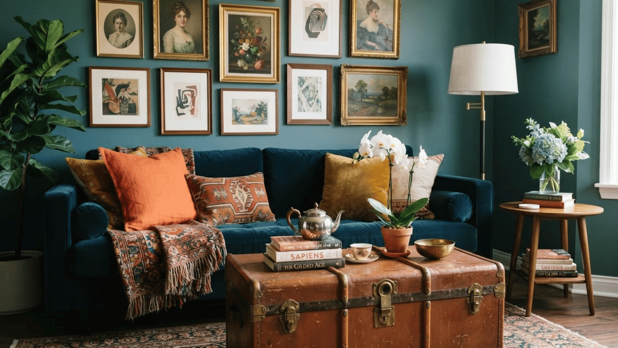 eclectic interior design featuring a gallery wall with varied artwork frames and personal pieces for visual interest