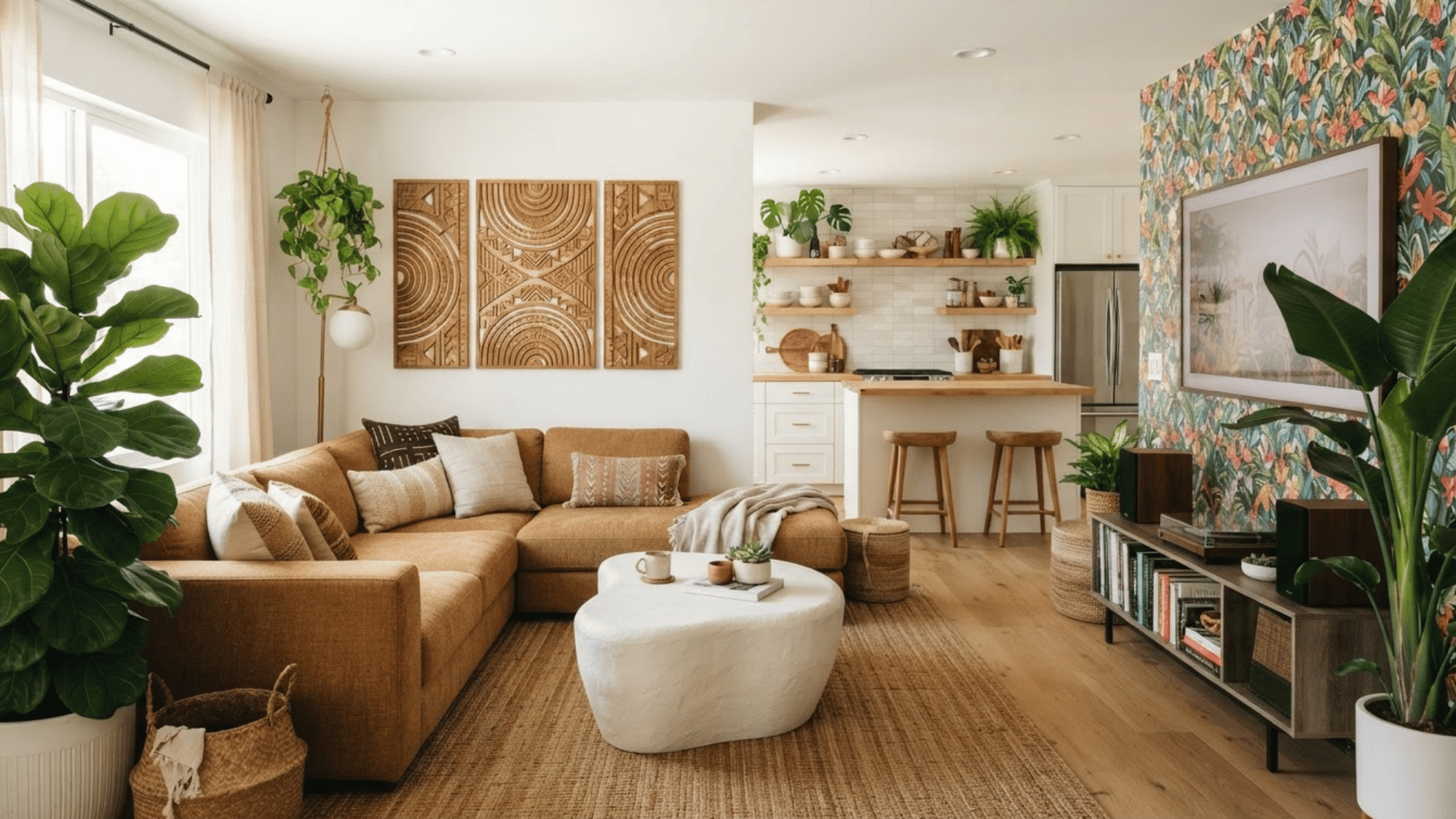 eclectic interior design with lush greenery adding natural warmth texture and personality throughout the room