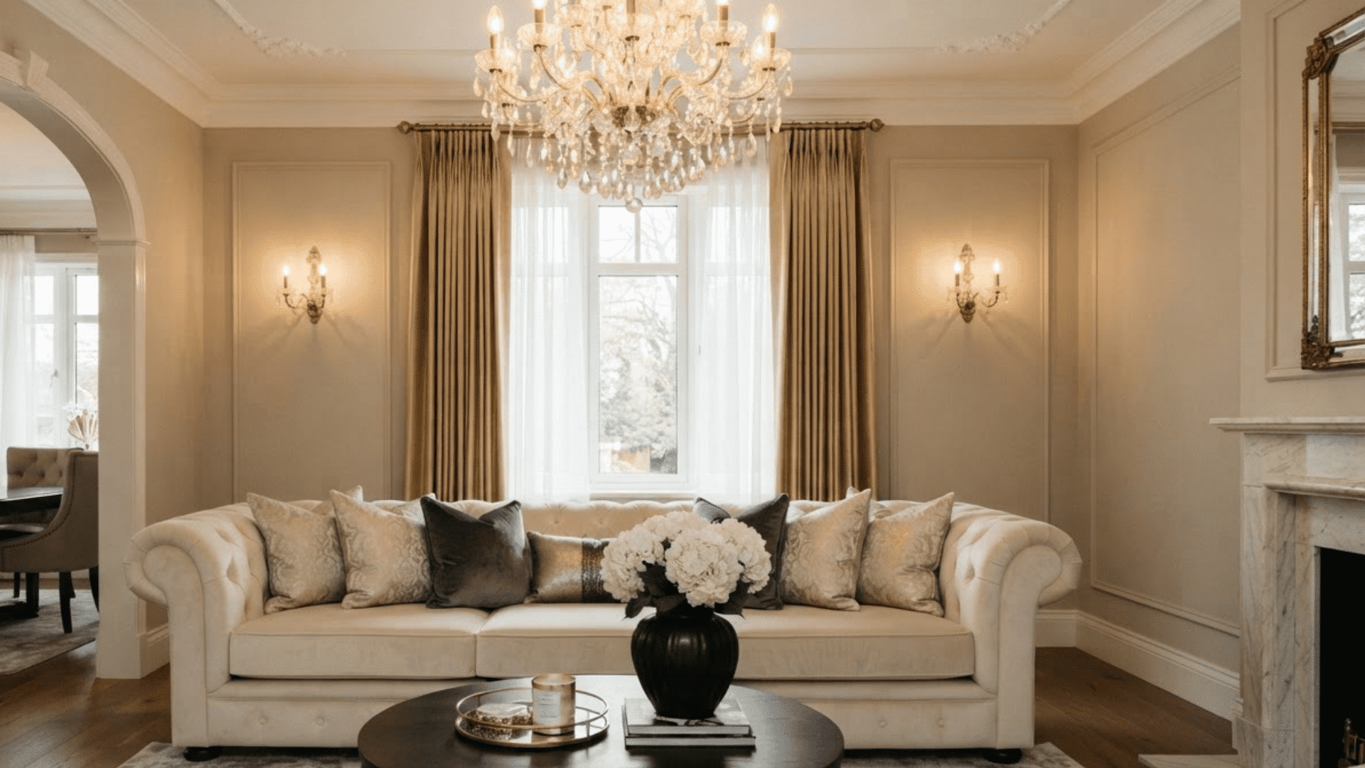 elegant hollywood regency living room featuring crystal chandelier neutral tones velvet accents and luxurious classic interior decor