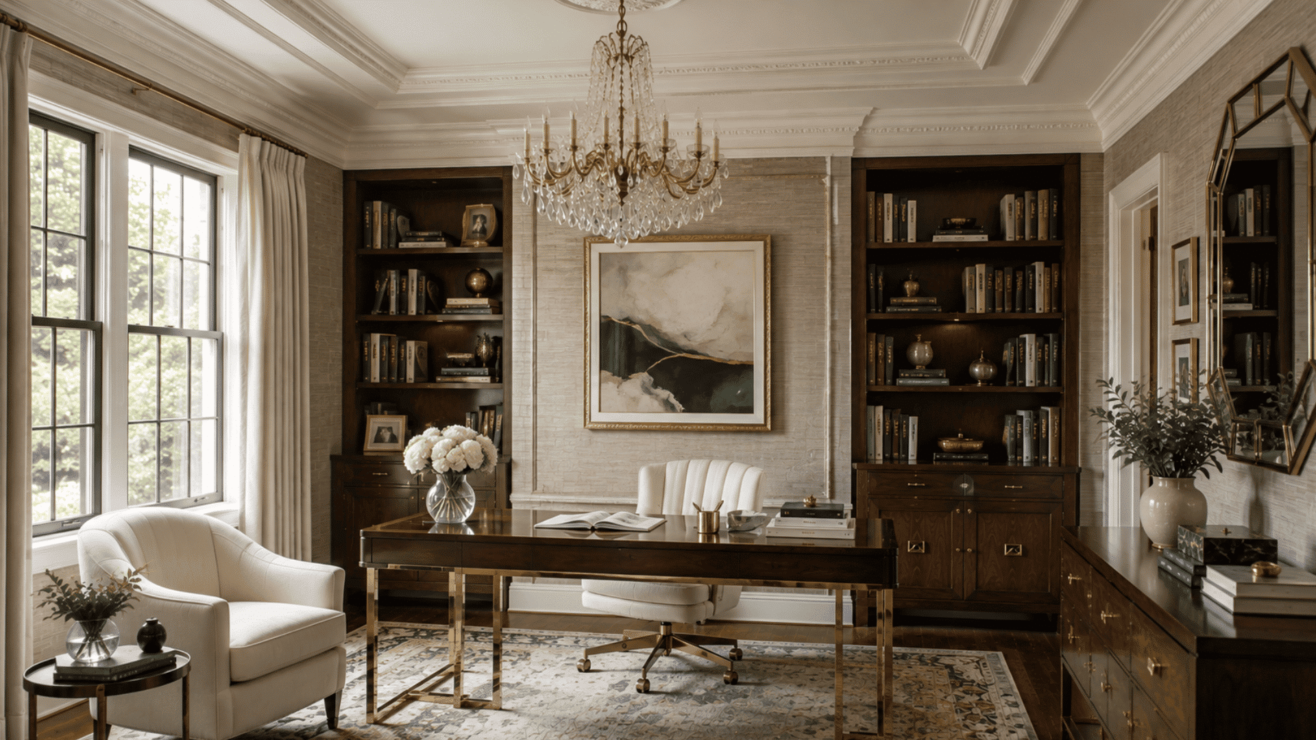 elegant home office with dark wood built ins crystal chandelier large windows and classic architectural details