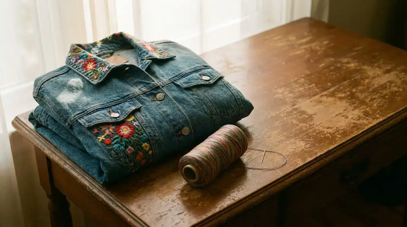 Folded denim jacket with floral embroidery on wooden table next to multicolored thread spool