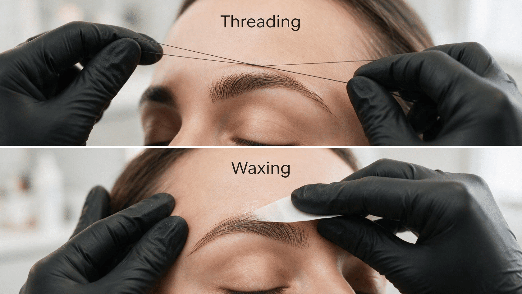 Eyebrow grooming comparison showing threading and waxing techniques