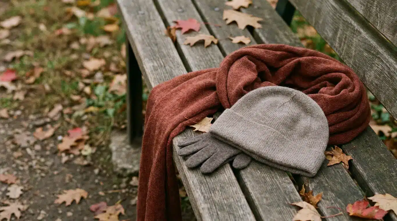 Rust-colored scarf, gray beanie, and gloves on wooden bench surrounded by autumn leaves