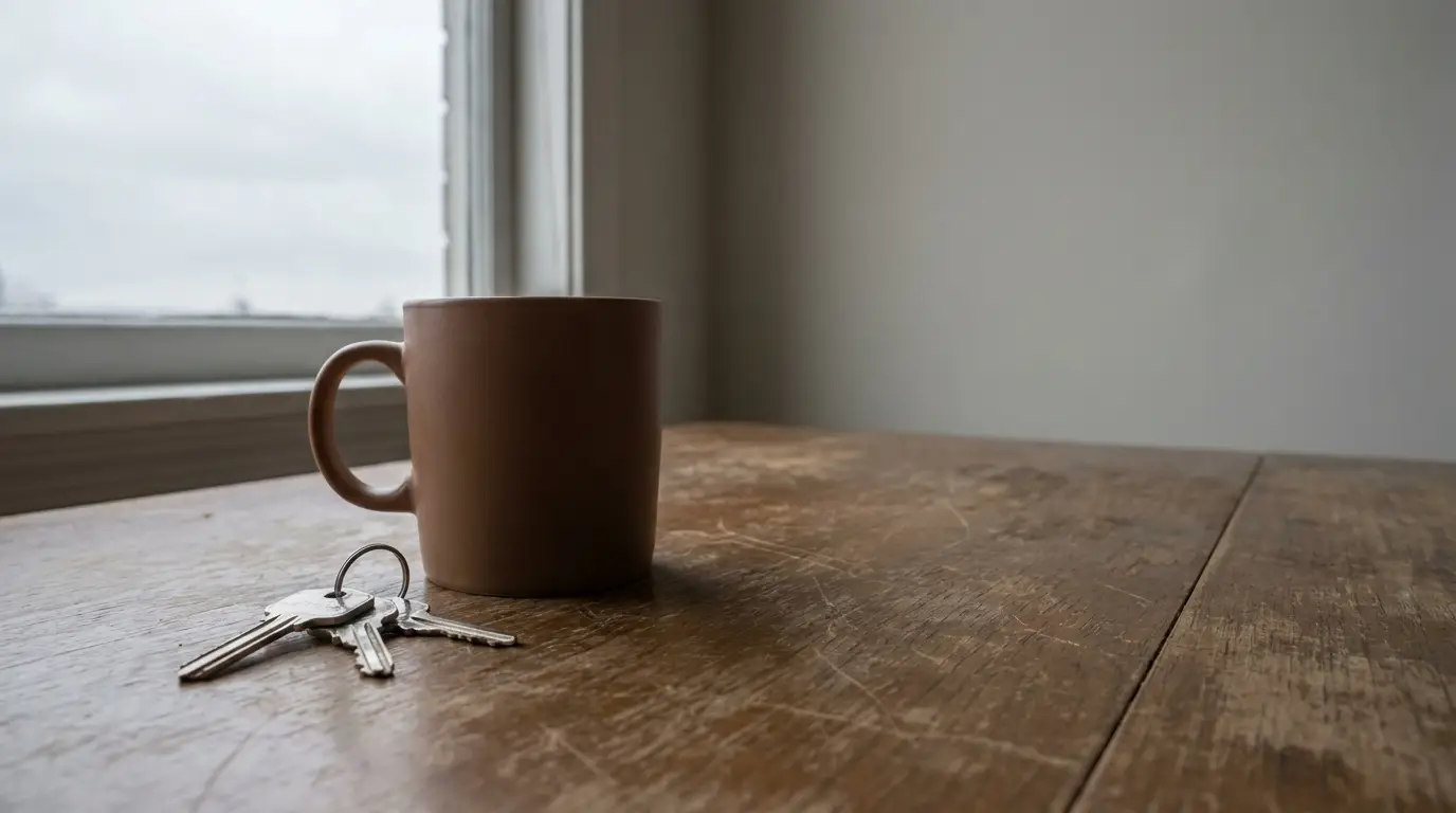 Brown coffee mug and keyring on wooden table near window in soft natural light