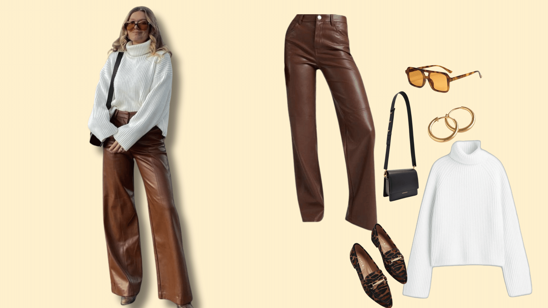 Faux leather pants paired with a cozy sweater and flat shoes for a soft casual outfit
