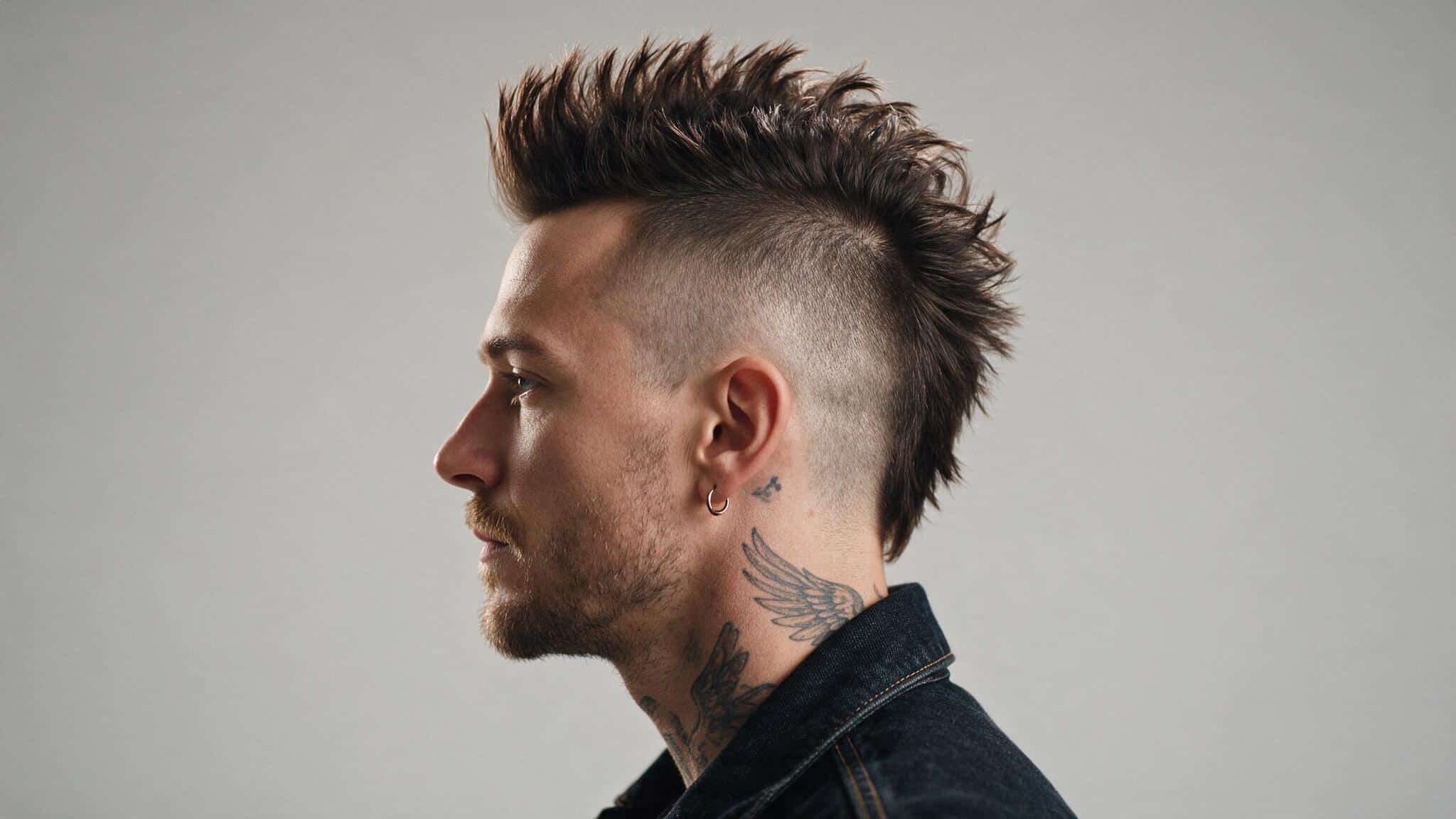faux mohawk haircut with textured spiked top faded sides and longer center section creating a bold modern hairstyle for men