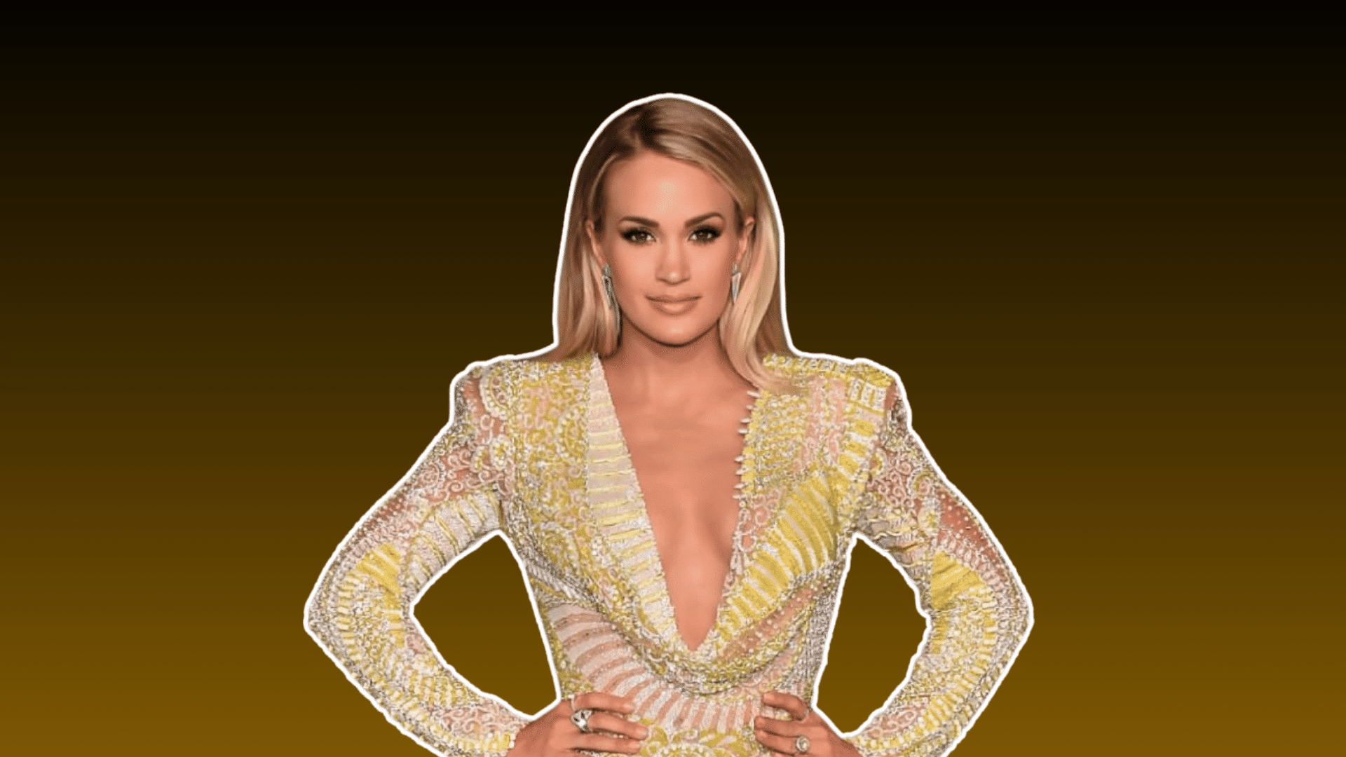 female country performer wearing a sparkling yellow gown posing with hands on hips against a dark brown background