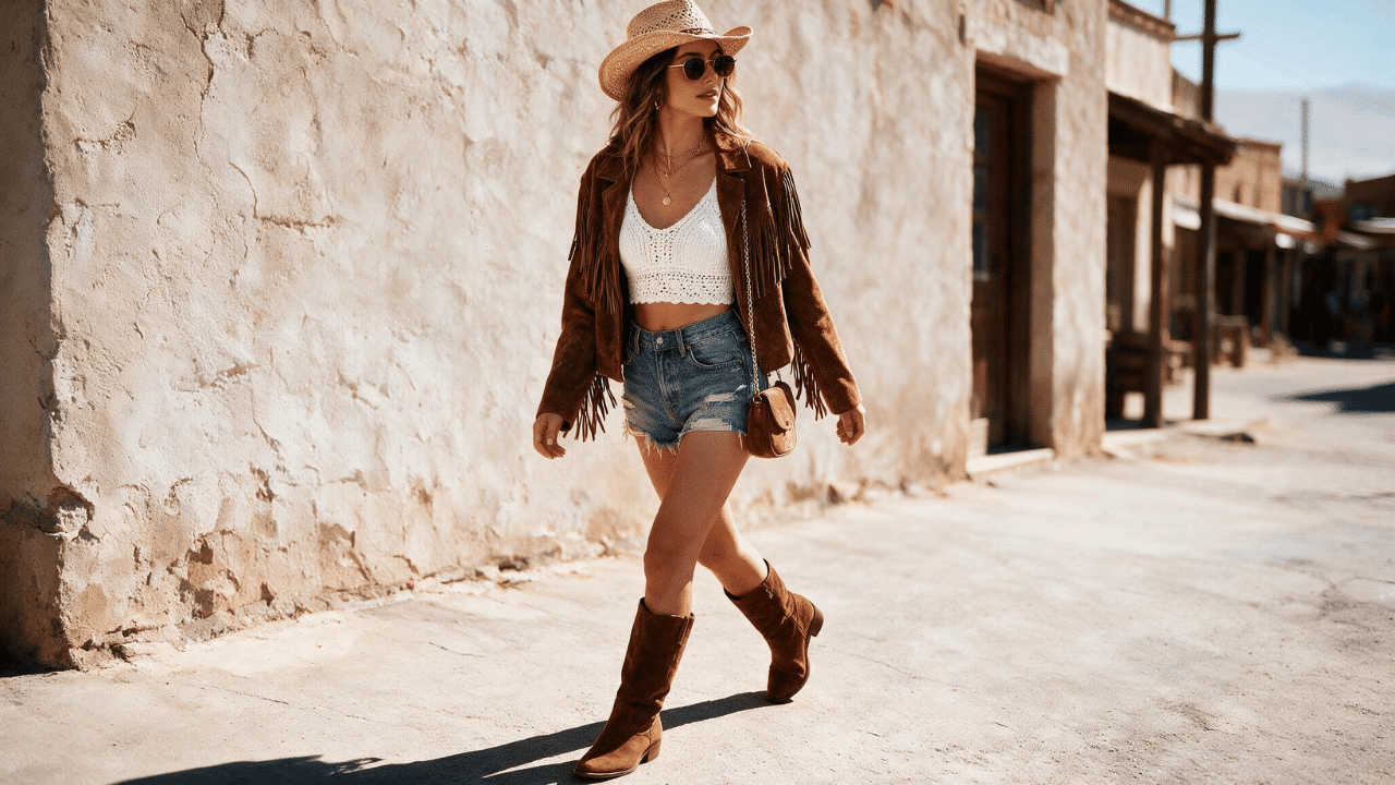 festival-inspired boho chic outfit with a crochet top, denim shorts, fringe jacket, cowboy boots, straw hat, and crossbody bag