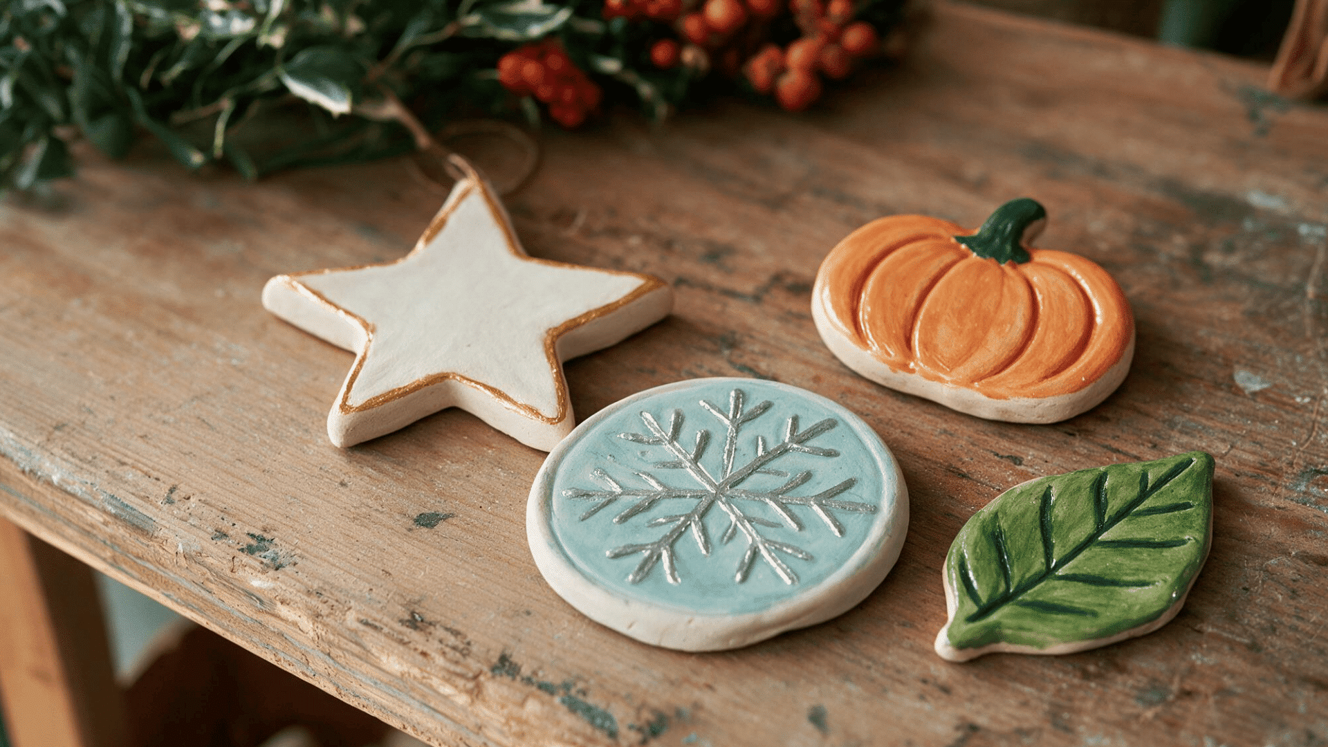 festive handmade clay decorations with seasonal shapes and painted details