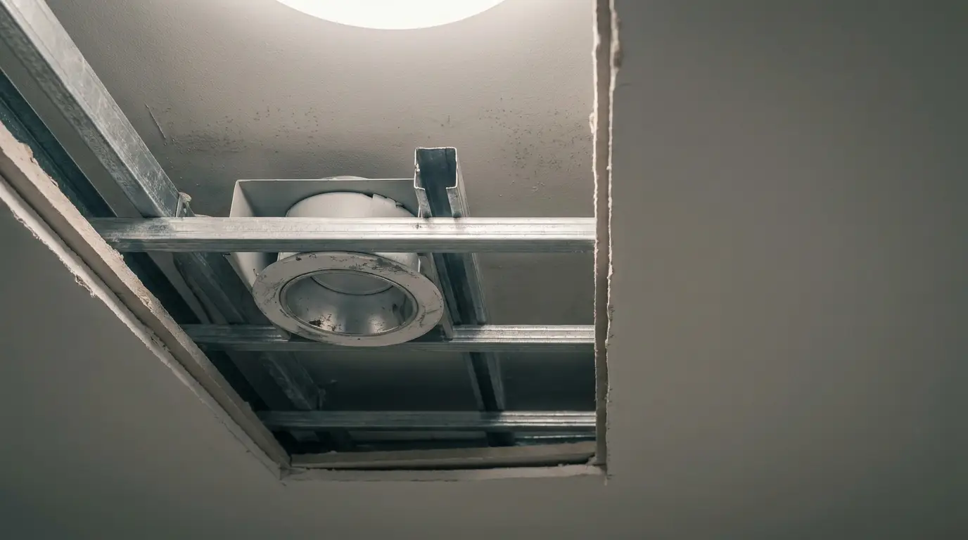 Exposed ceiling framework with metal beams and recessed light fixture in unfinished room