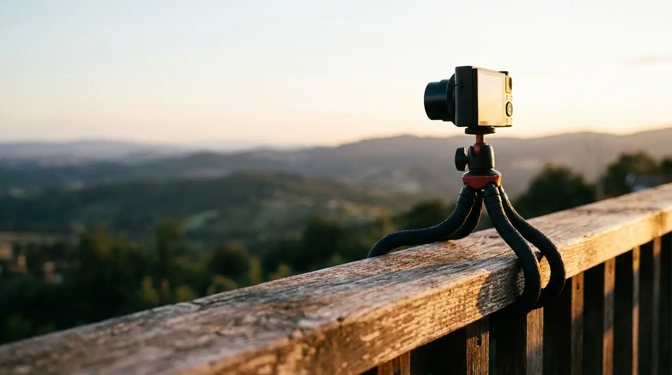 Camera on flexible tripod mounted on wooden balcony railing with scenic mountain view at sunset