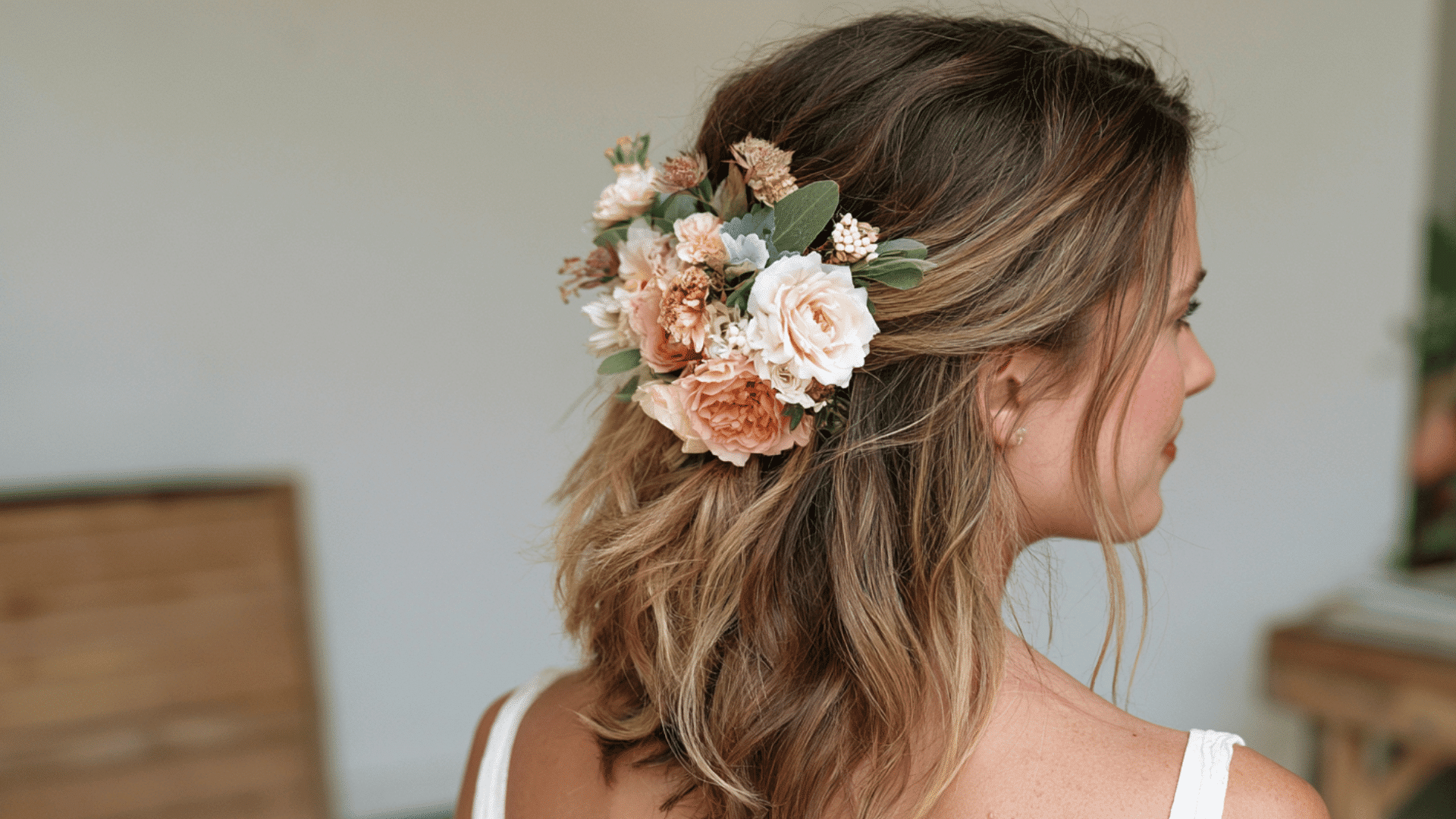 floral half up hairstyle with delicate flowers for outdoor bridesmaid wedding style