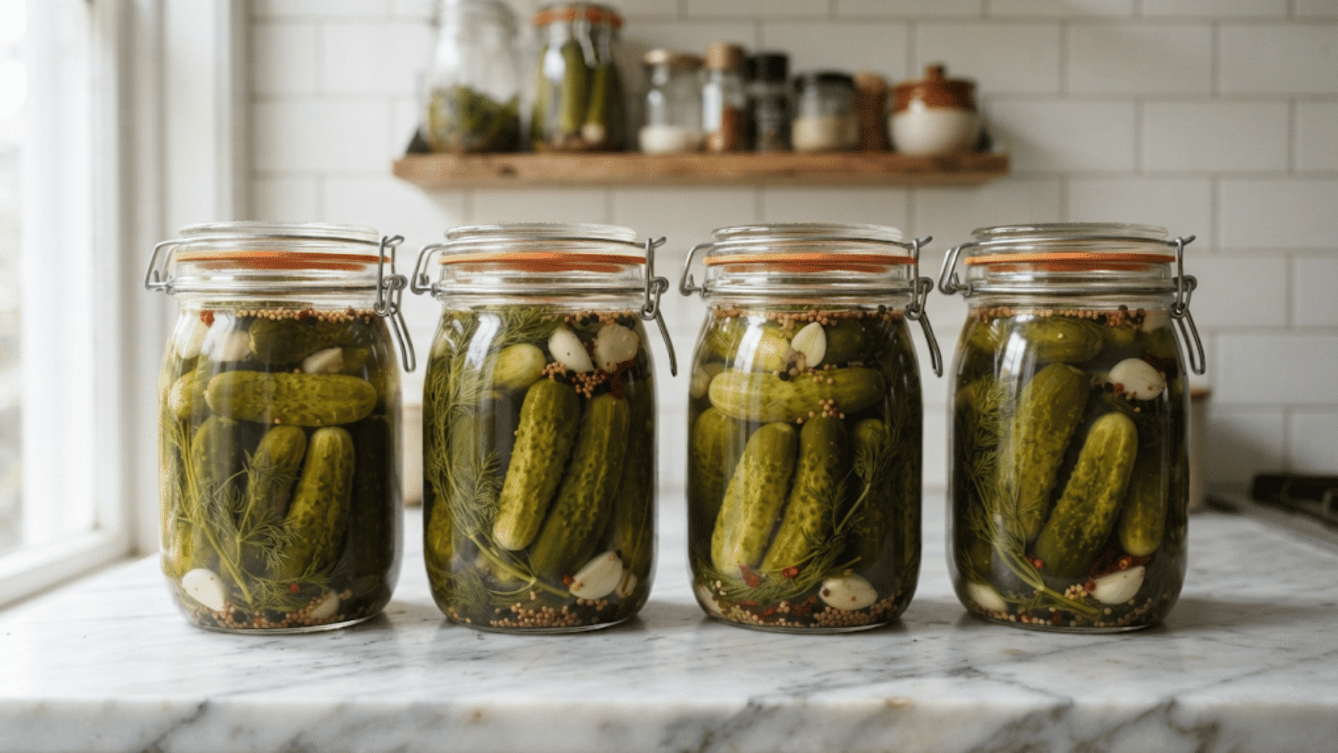 four glass jars filled with homemade pickles dill garlic and spices arranged on a marble kitchen counter
