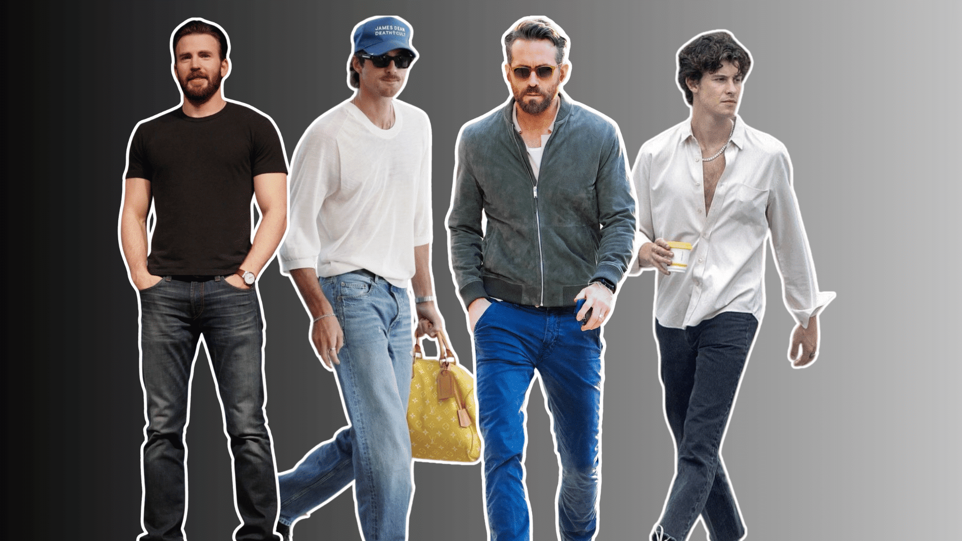 four men wearing casual outfits including jeans shirts and jackets posing together against a gradient background