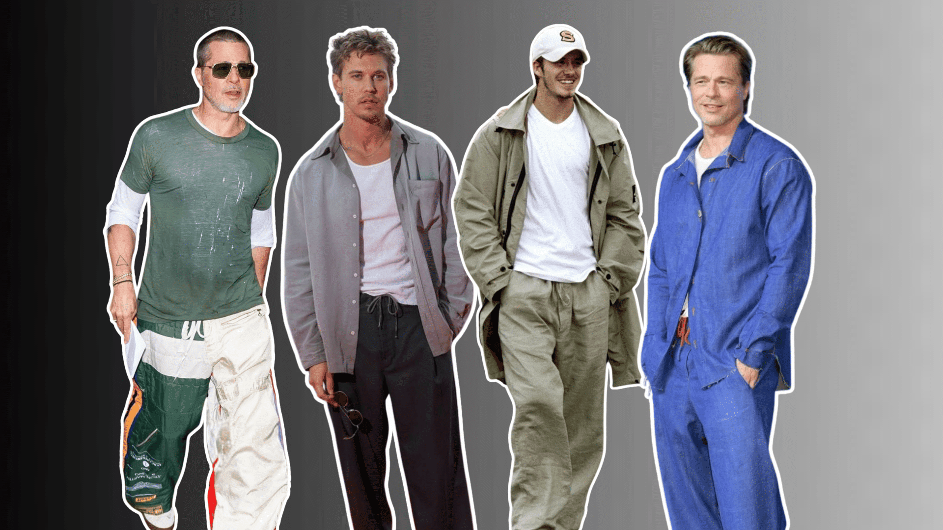 four men wearing casual outfits with jackets shirts trousers and caps posing against a gray gradient background