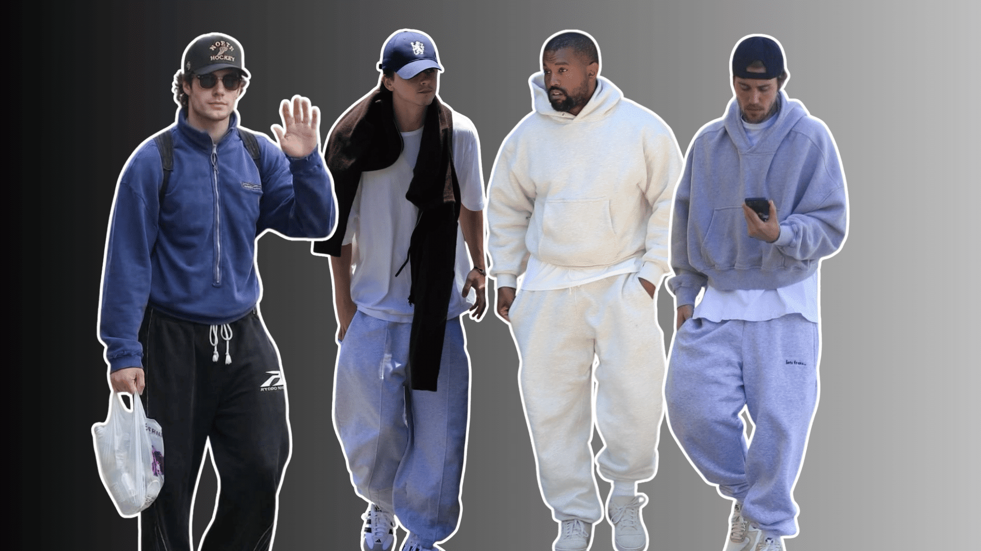 four men wearing casual streetwear with hoodies caps and sweatpants posing against a gray gradient background