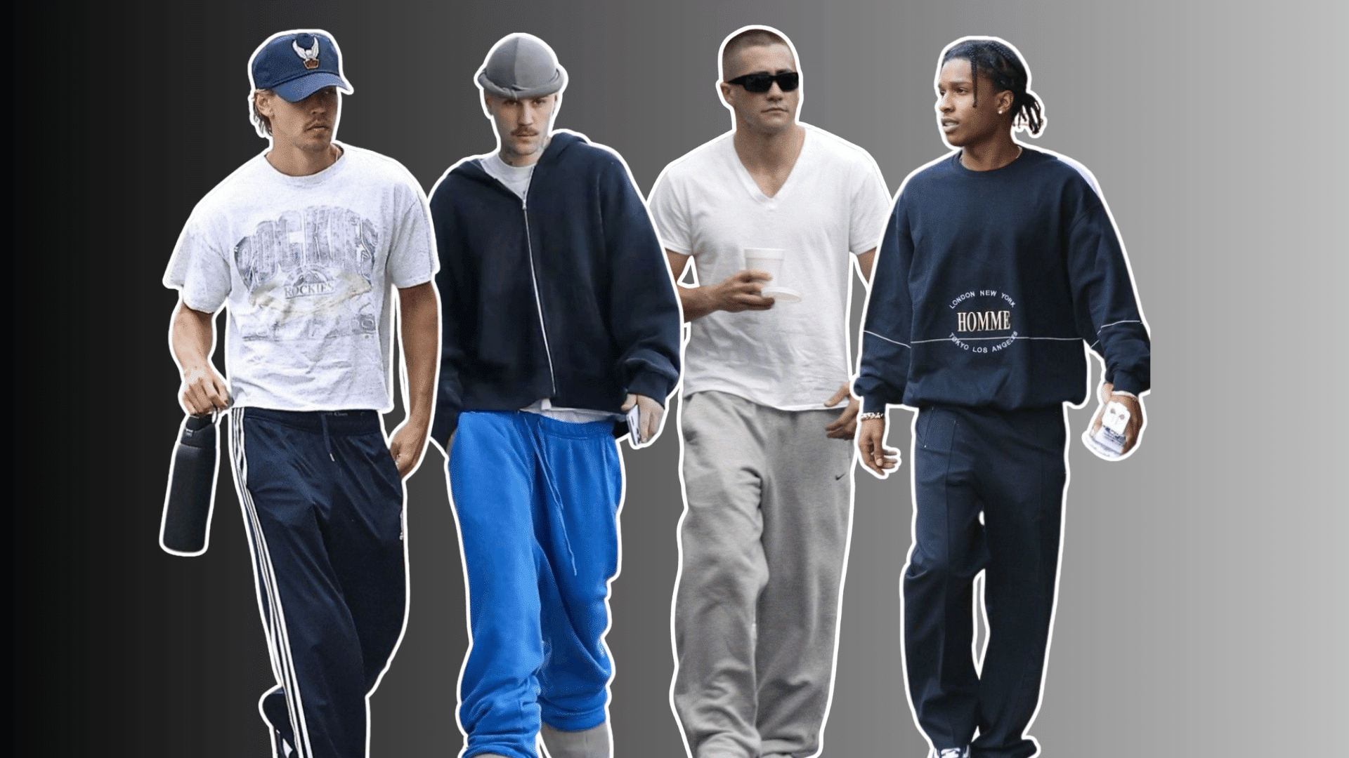 four men wearing casual streetwear with tshirts hoodies tracksuits and caps against a gray gradient background