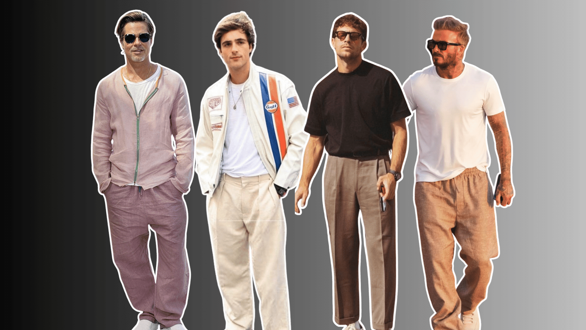 four men wearing casual summer outfits with shirts trousers sunglasses and jackets against a gray gradient background