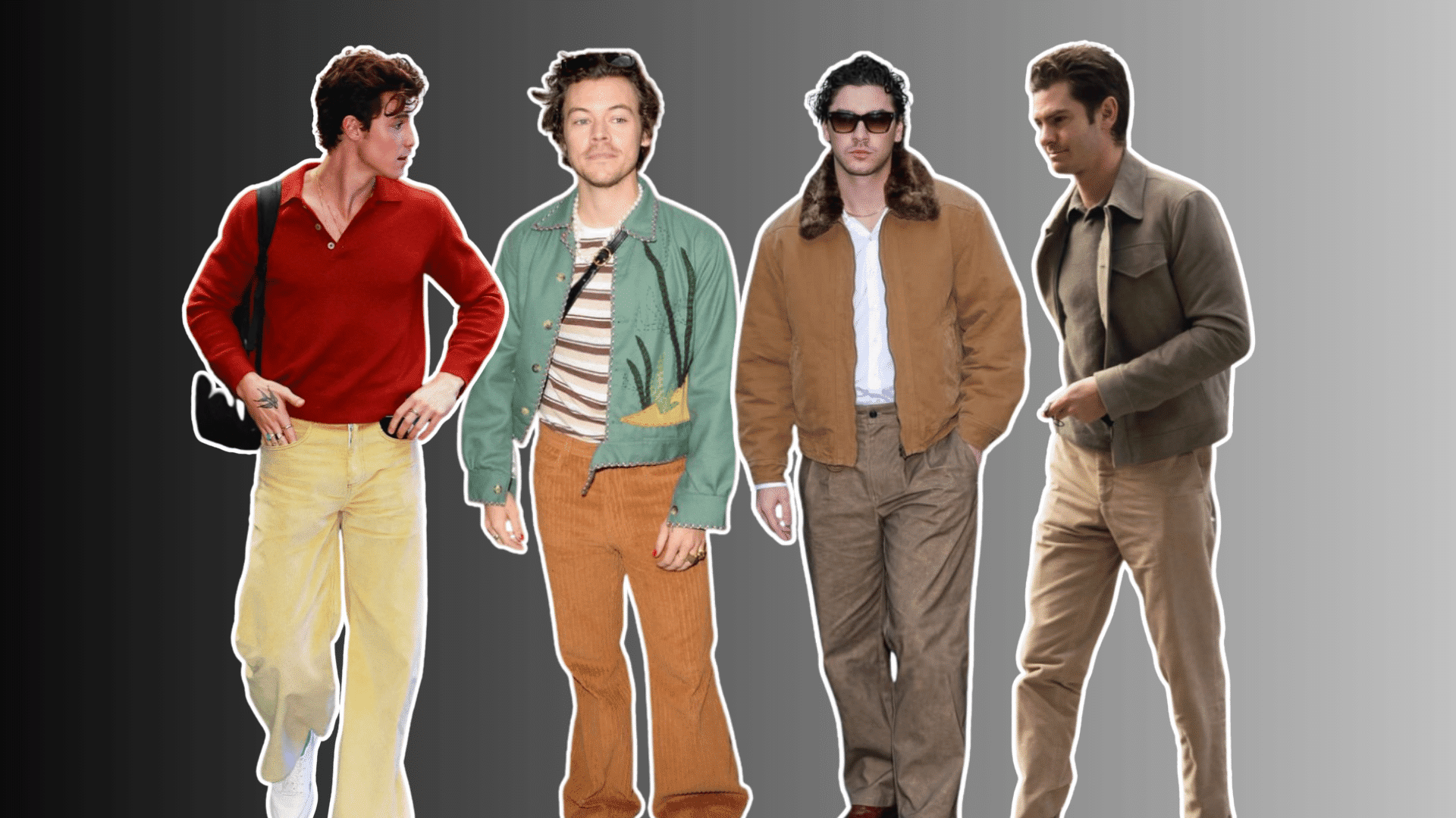 four men wearing colorful casual outfits with shirts jackets and trousers posing against a gray gradient background