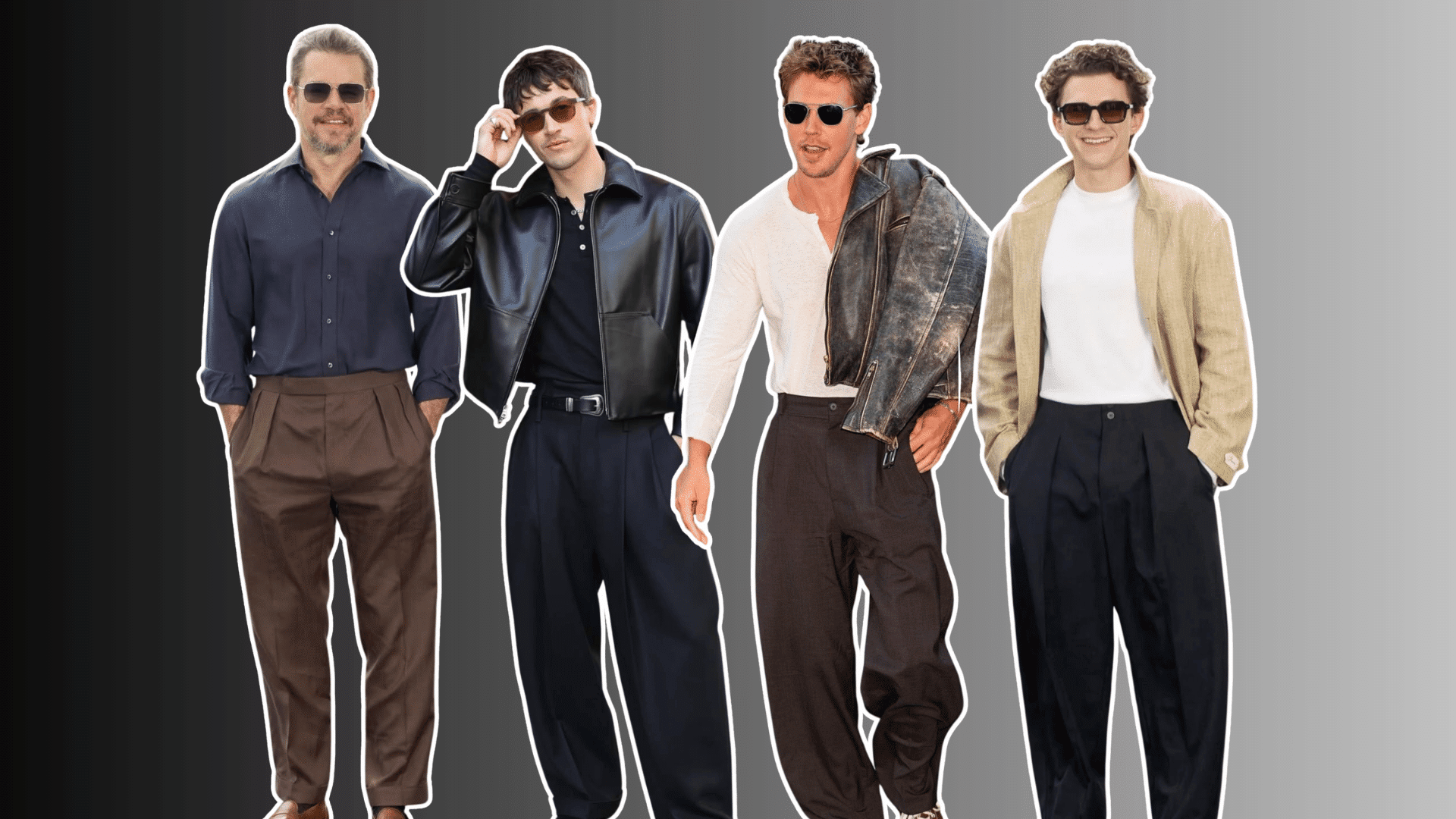 four men wearing modern casual outfits with jackets trousers and sunglasses posing against a gray gradient background