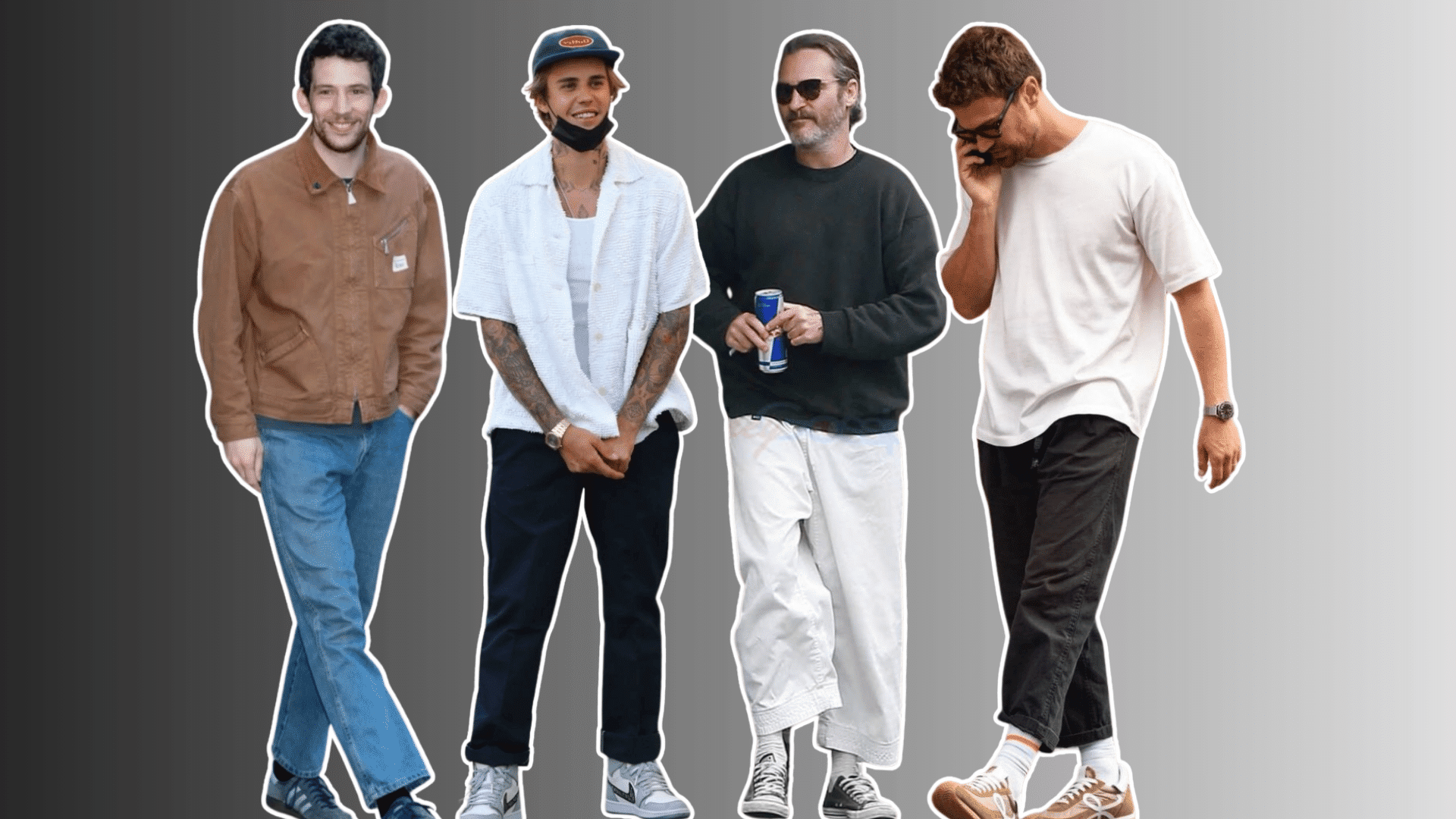 four men wearing relaxed casual outfits with jackets tshirts jeans trousers and sneakers against a gray gradient background