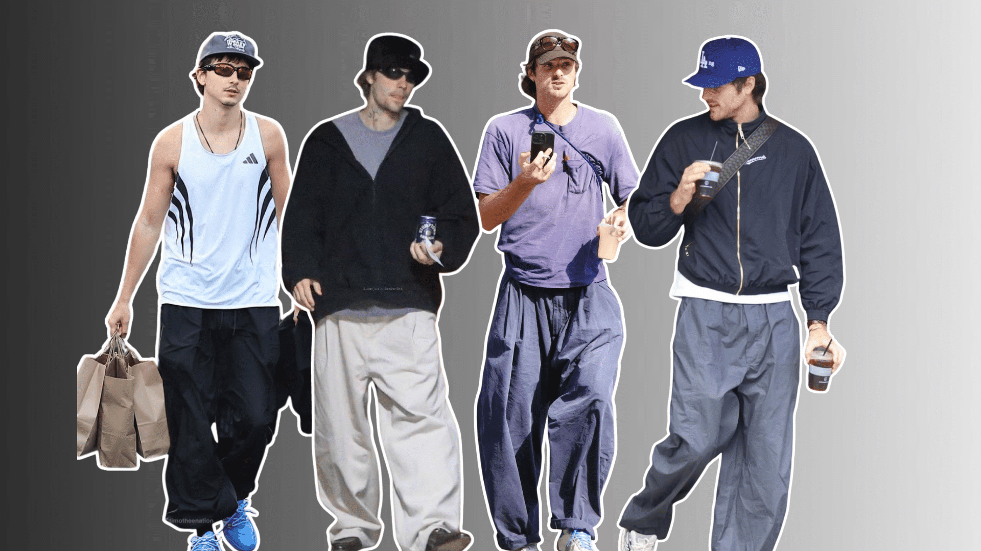 four men wearing relaxed streetwear with caps loose trousers jackets and sneakers against a gray gradient background