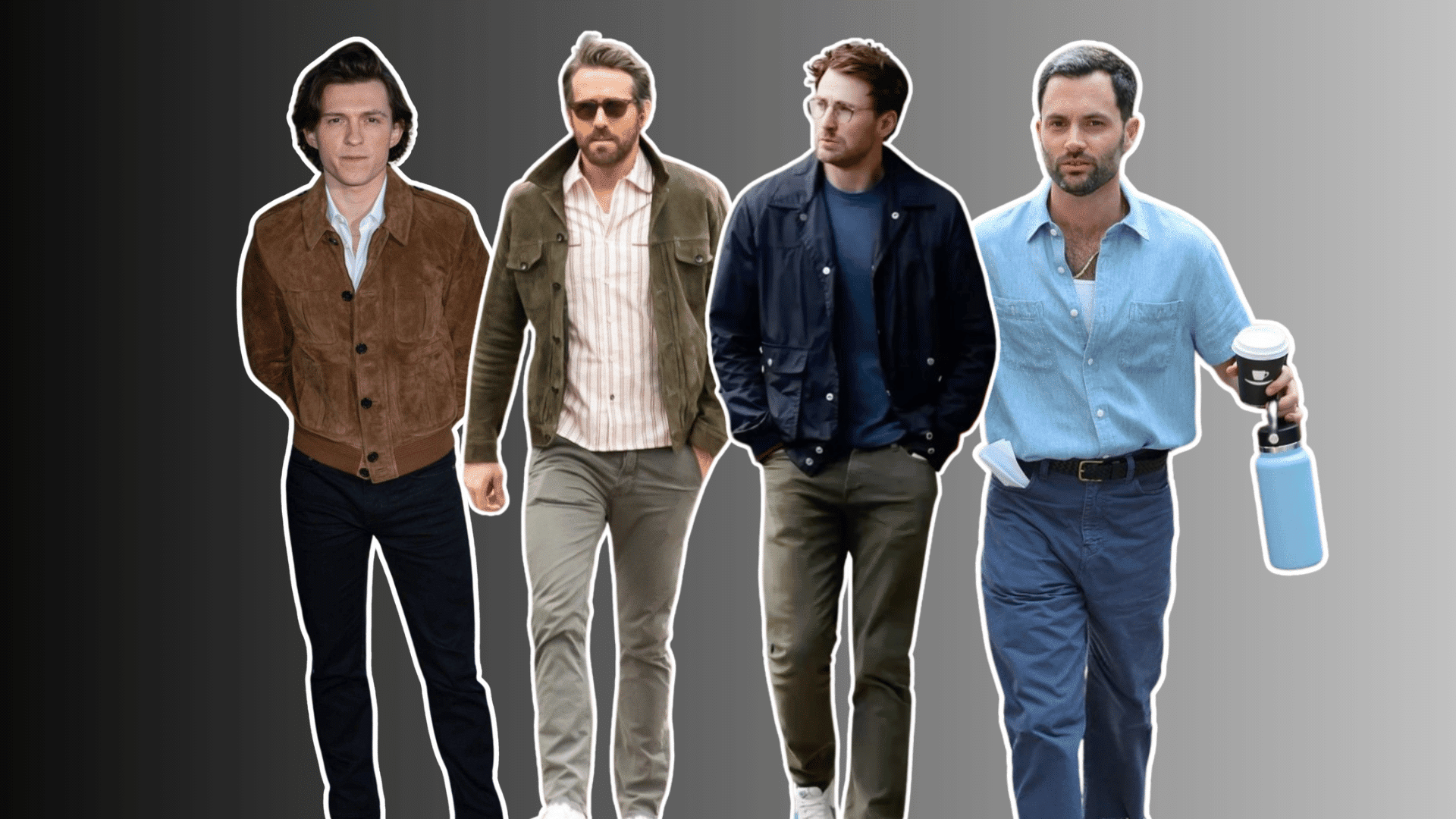four men wearing smart casual outfits with jackets shirts and trousers posing against a gray gradient background