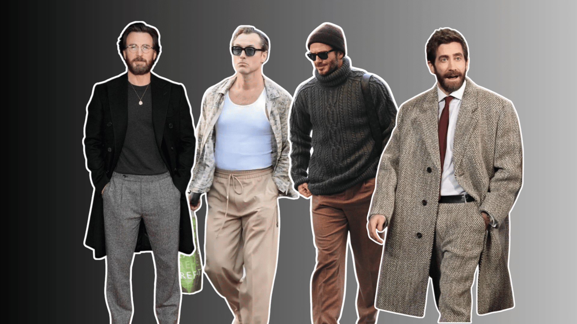 four men wearing stylish layered outfits with coats sweaters and trousers against a gray gradient background