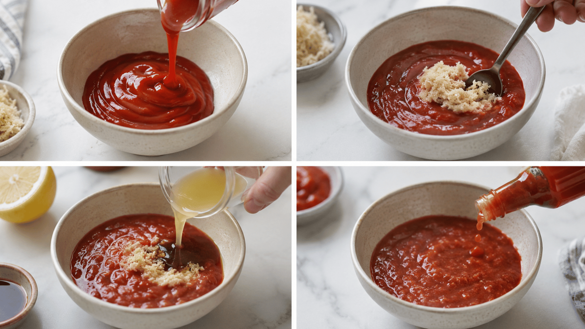 four step cocktail sauce collage showing ketchup horseradish lemon worcestershire sauce and hot sauce