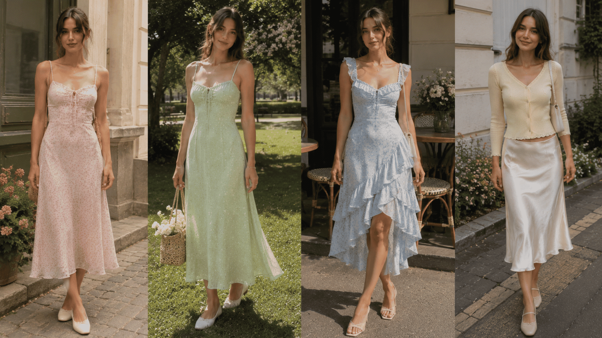 four women wearing romantic pastel dresses and a cream cardigan with satin skirt in feminine summer outfit styles