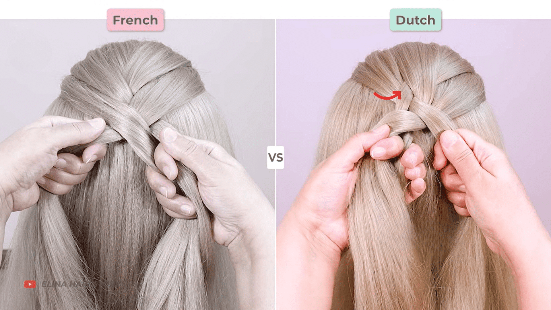 french and dutch braid comparison showing hair being added, with french crossing over and dutch crossing under.
