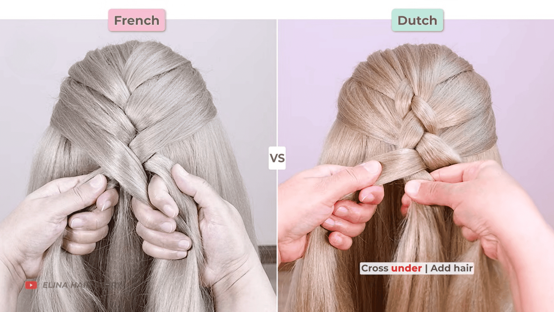 french and dutch braids showing the continued crossing pattern as more hair is added to each braid.