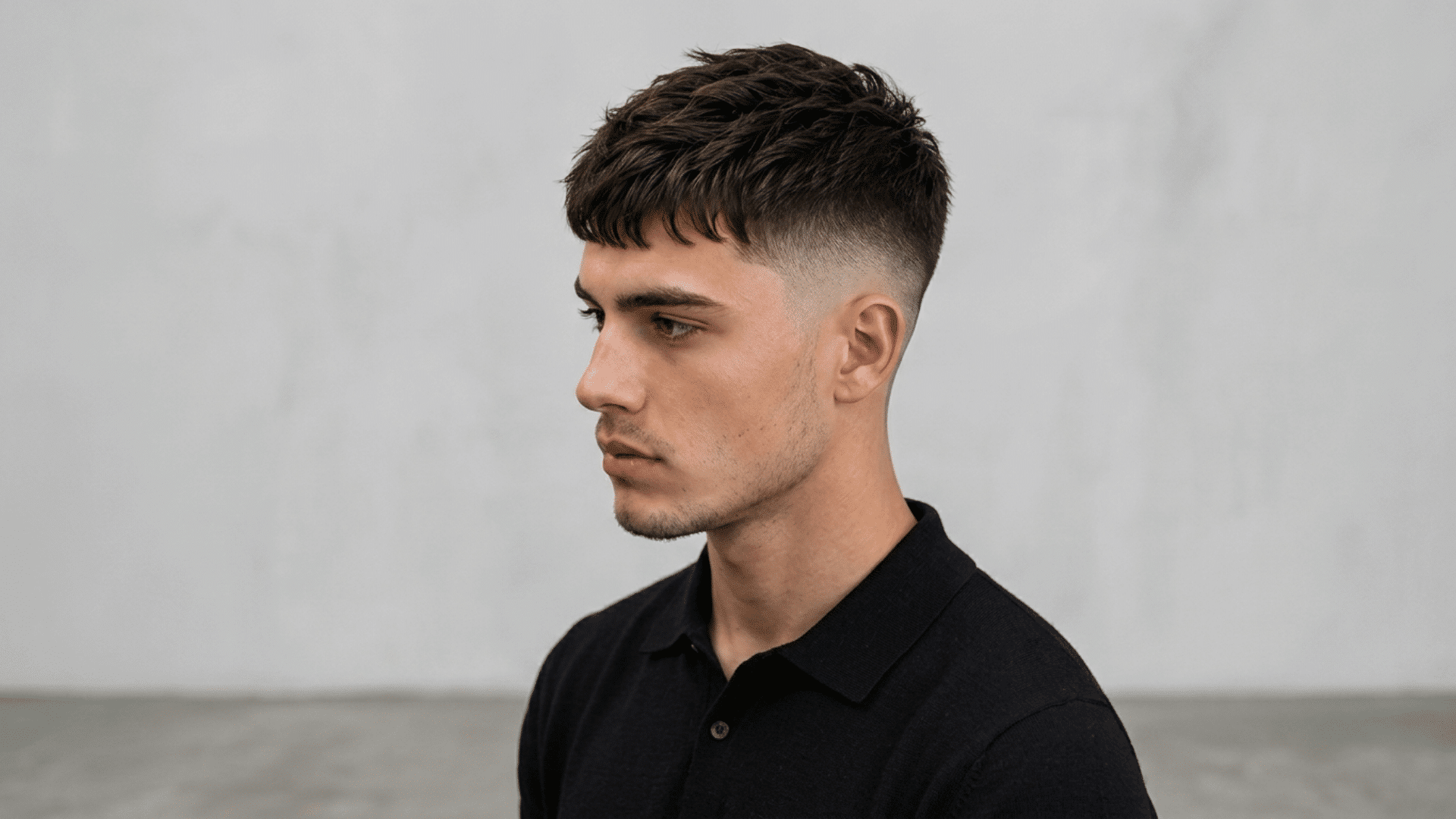 french crop haircut with short textured fringe and faded sides creating a clean low maintenance hairstyle for men