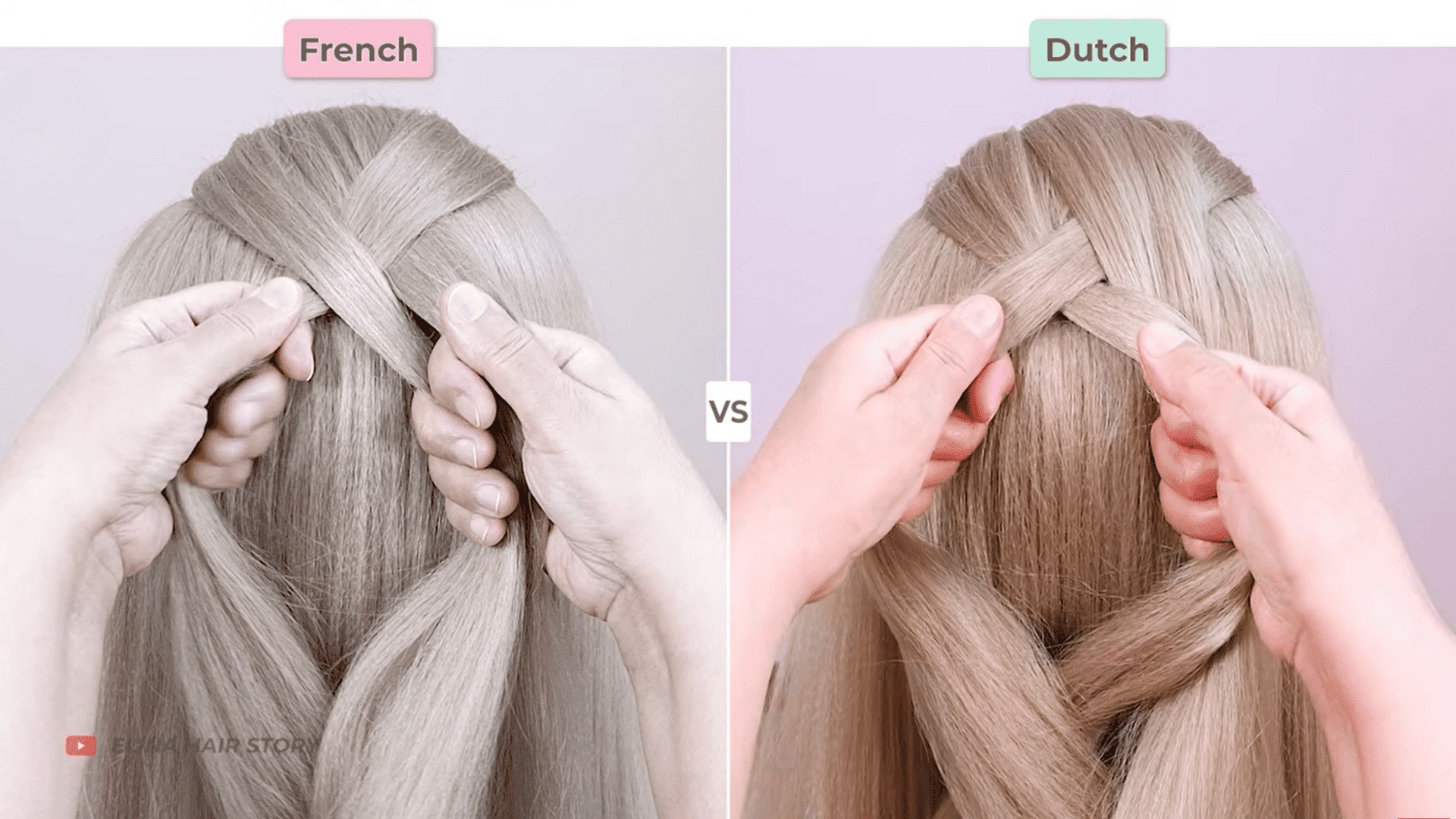 french vs. dutch braid crossing pattern showing hair strands crossed over for a French braid and under for a dutch braid.
