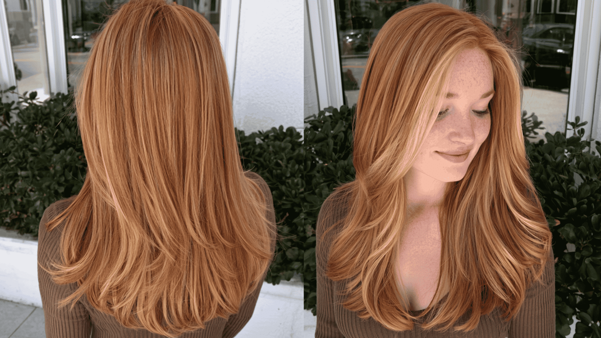 front and back views of blonde money piece highlights blended through long layered copper hair