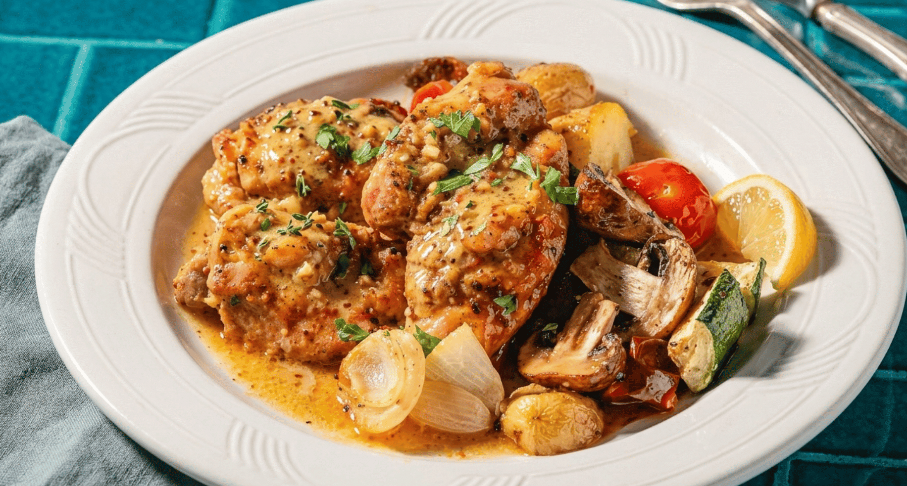 garlic dijon chicken served with roasted potatoes mushrooms tomatoes zucchini onions and a lemon wedge