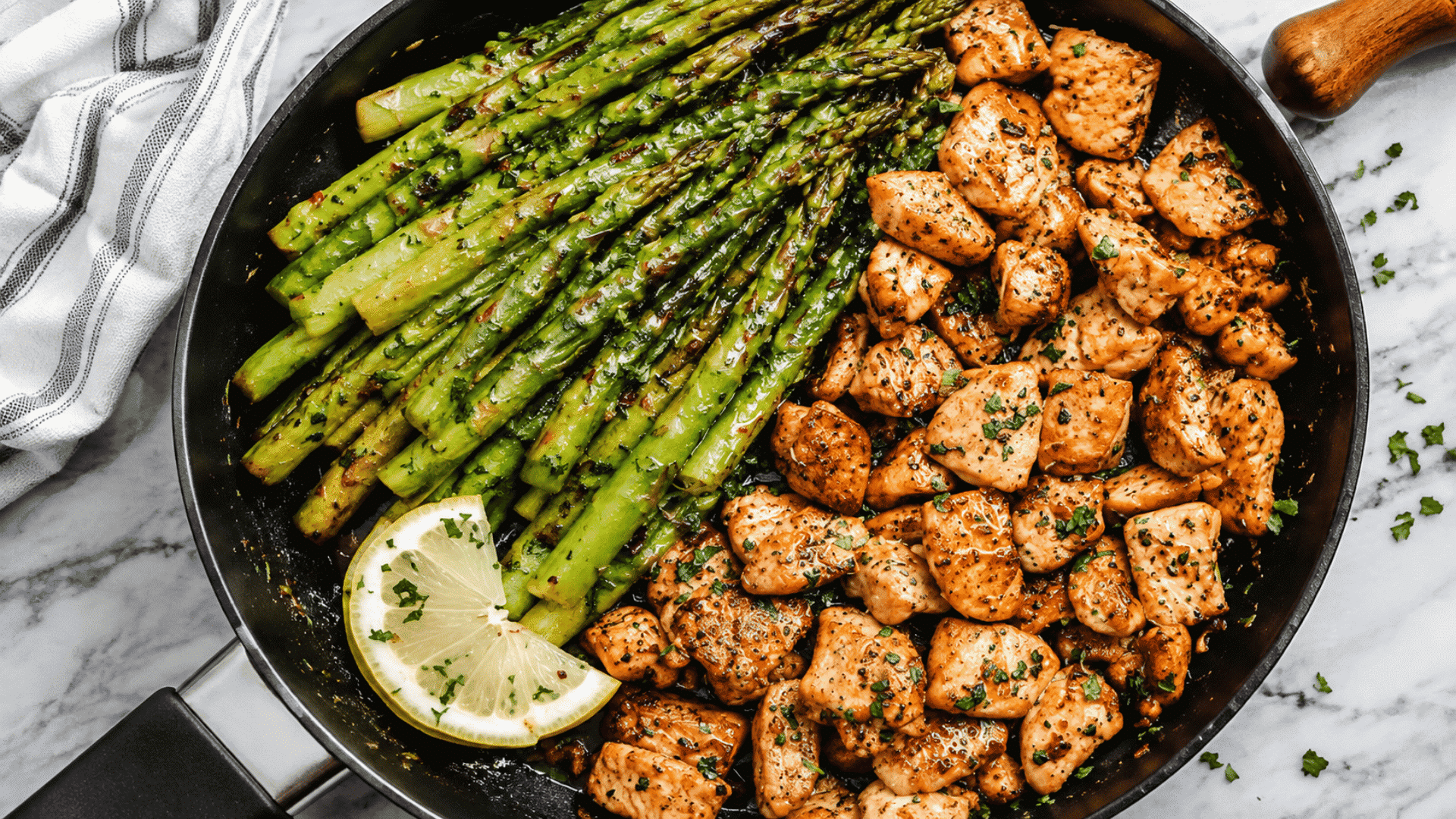 garlic herb chicken bites with sautéed asparagus and lemon in a skillet