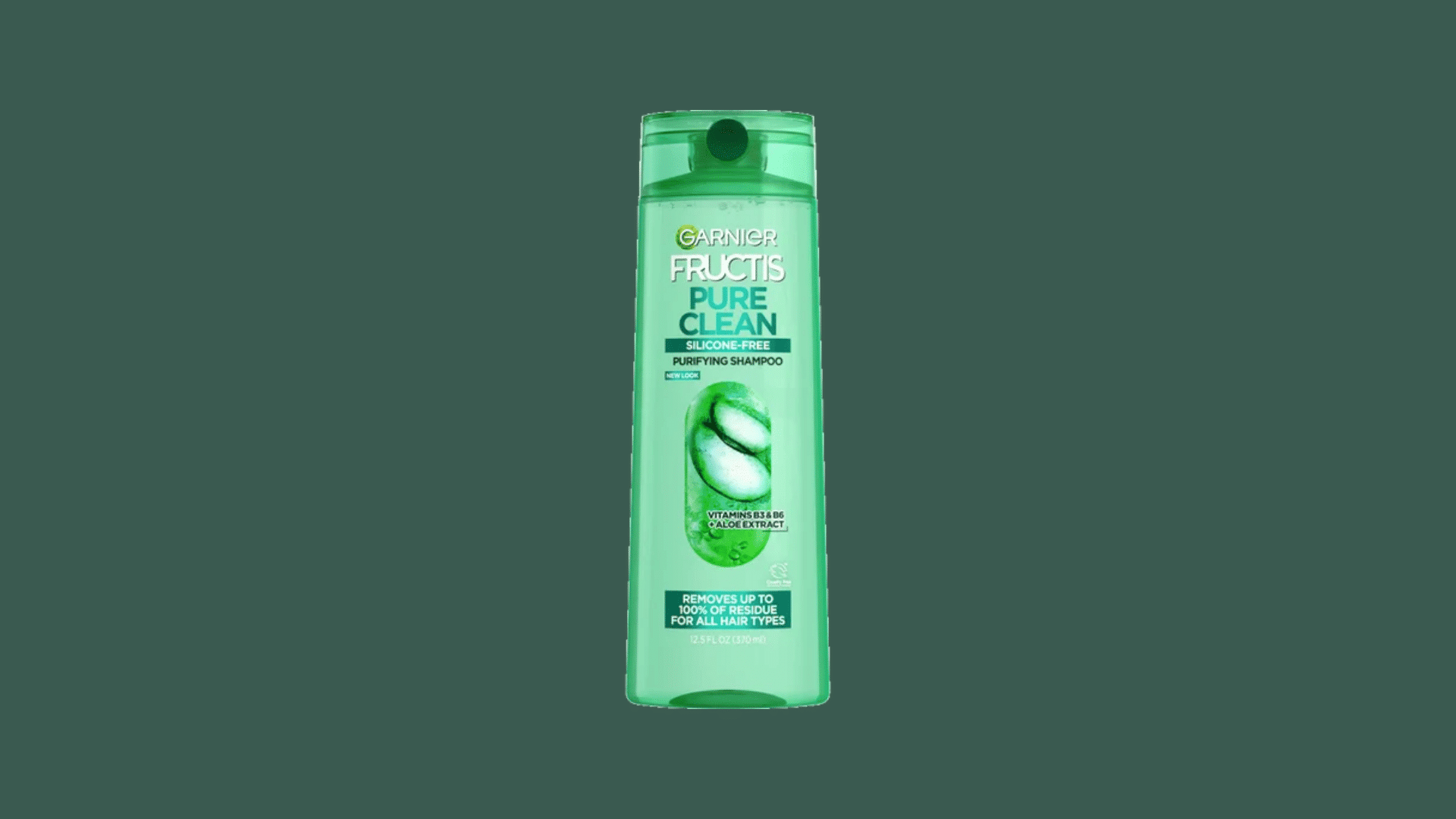 garnier fructis pure clean shampoo bottle with green packaging on a dark green background for product display