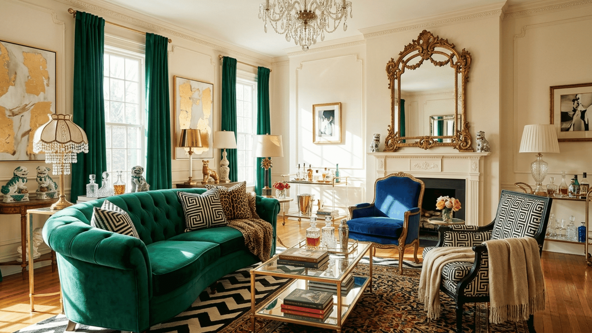 glamorous hollywood regency living room with emerald velvet sofa gold accents ornate mirror and patterned decor