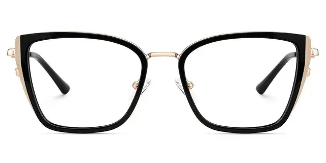 Square black eyeglasses with gold accents on white background