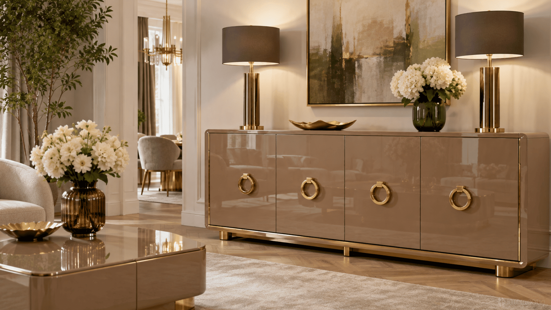 glossy lacquered furniture with gold accents paired with elegant lamps flowers and artwork in a luxurious living room