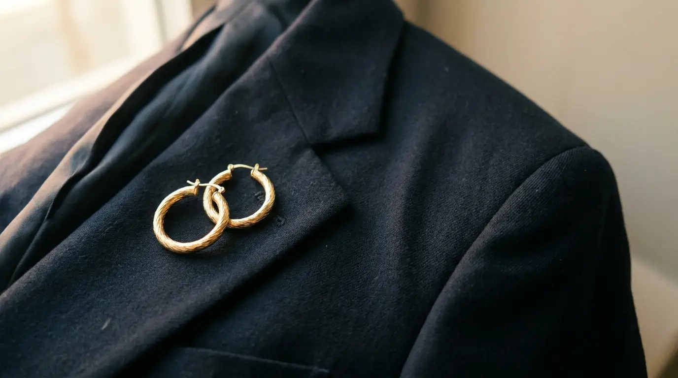 Gold hoop earrings on dark blazer in soft natural light