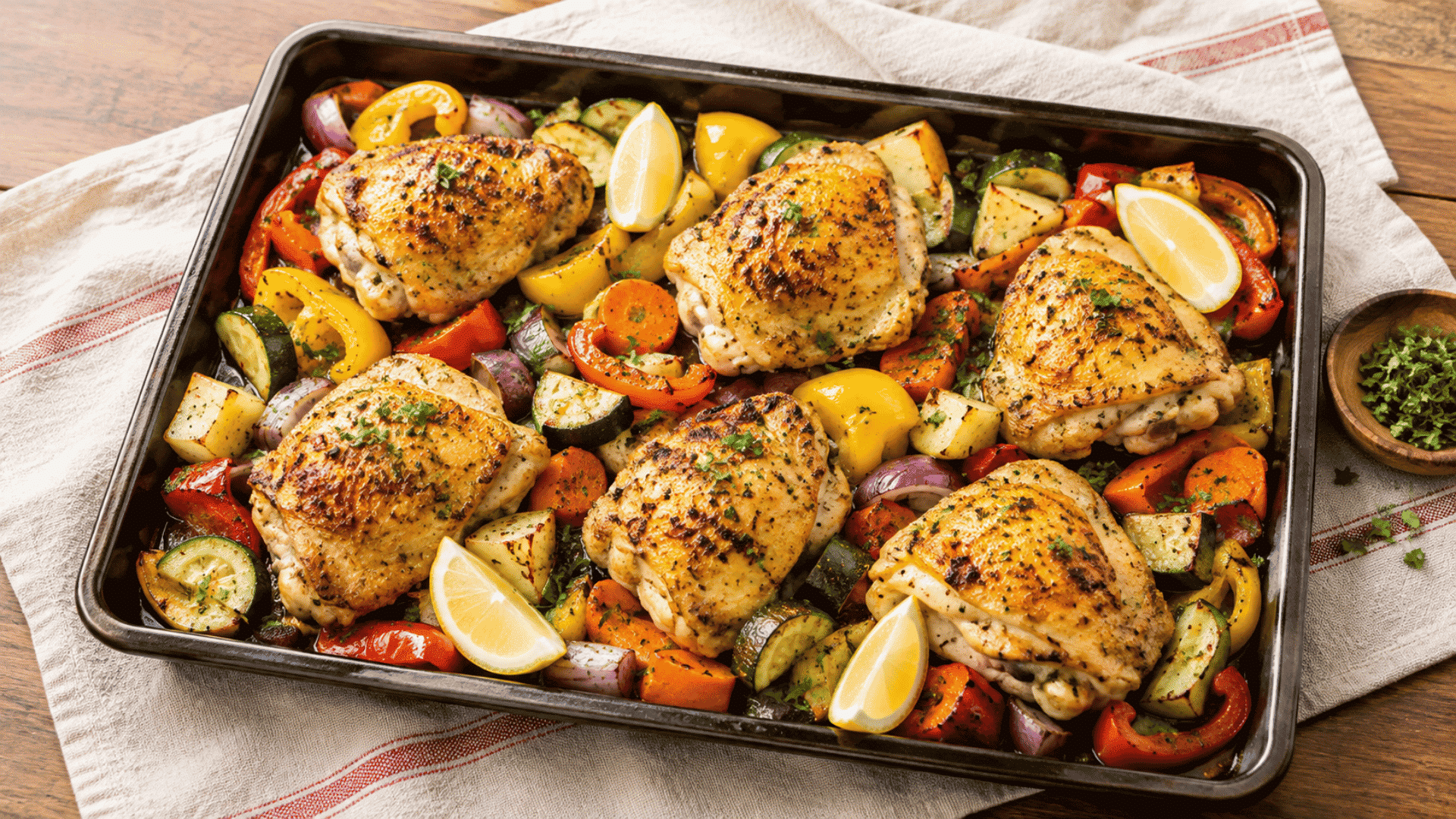 golden herb roasted chicken on a sheet pan with multiple vegetables