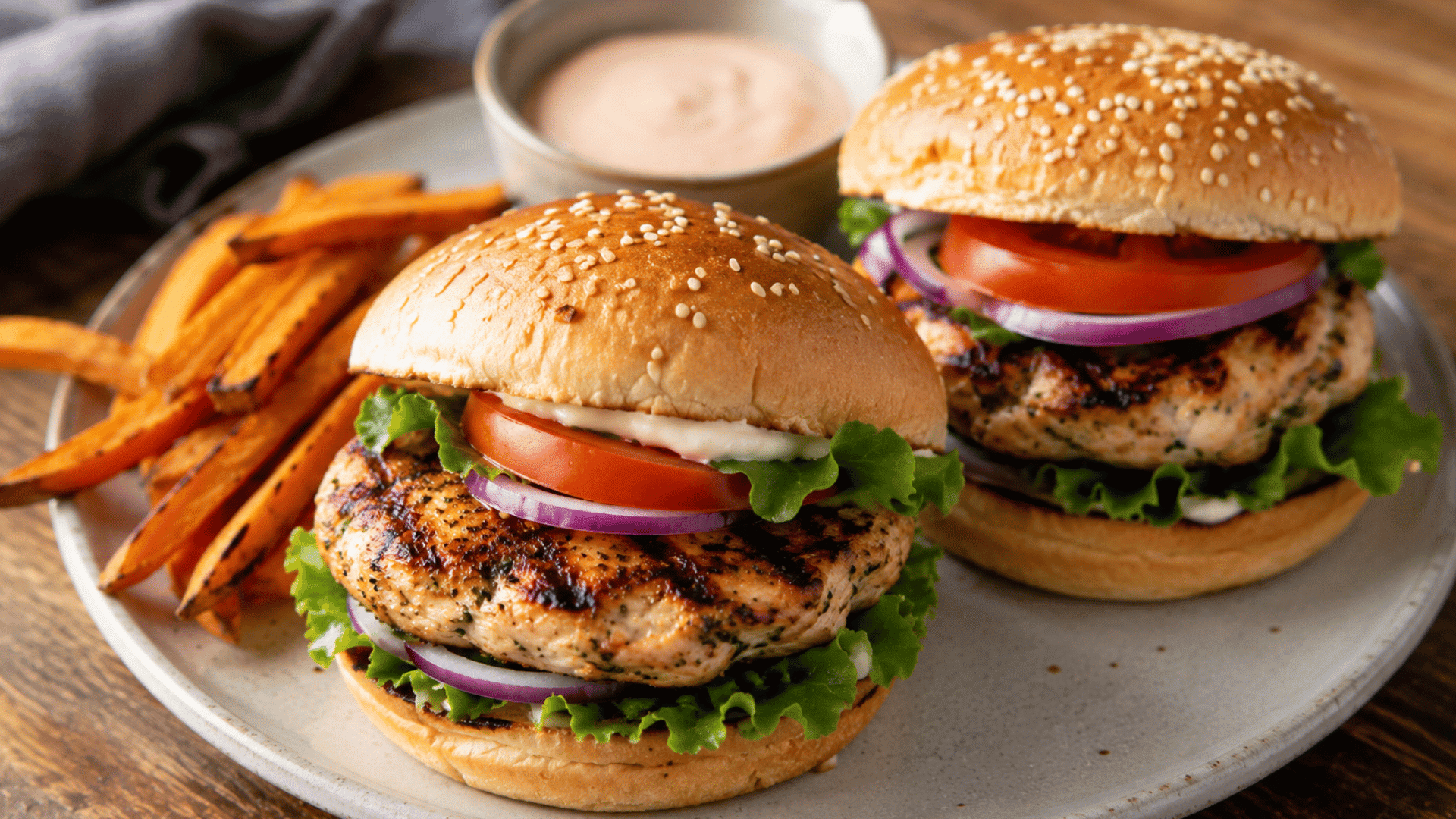 grilled chicken burgers with lettuce tomato red onion and creamy sauce served with sweet potato fries