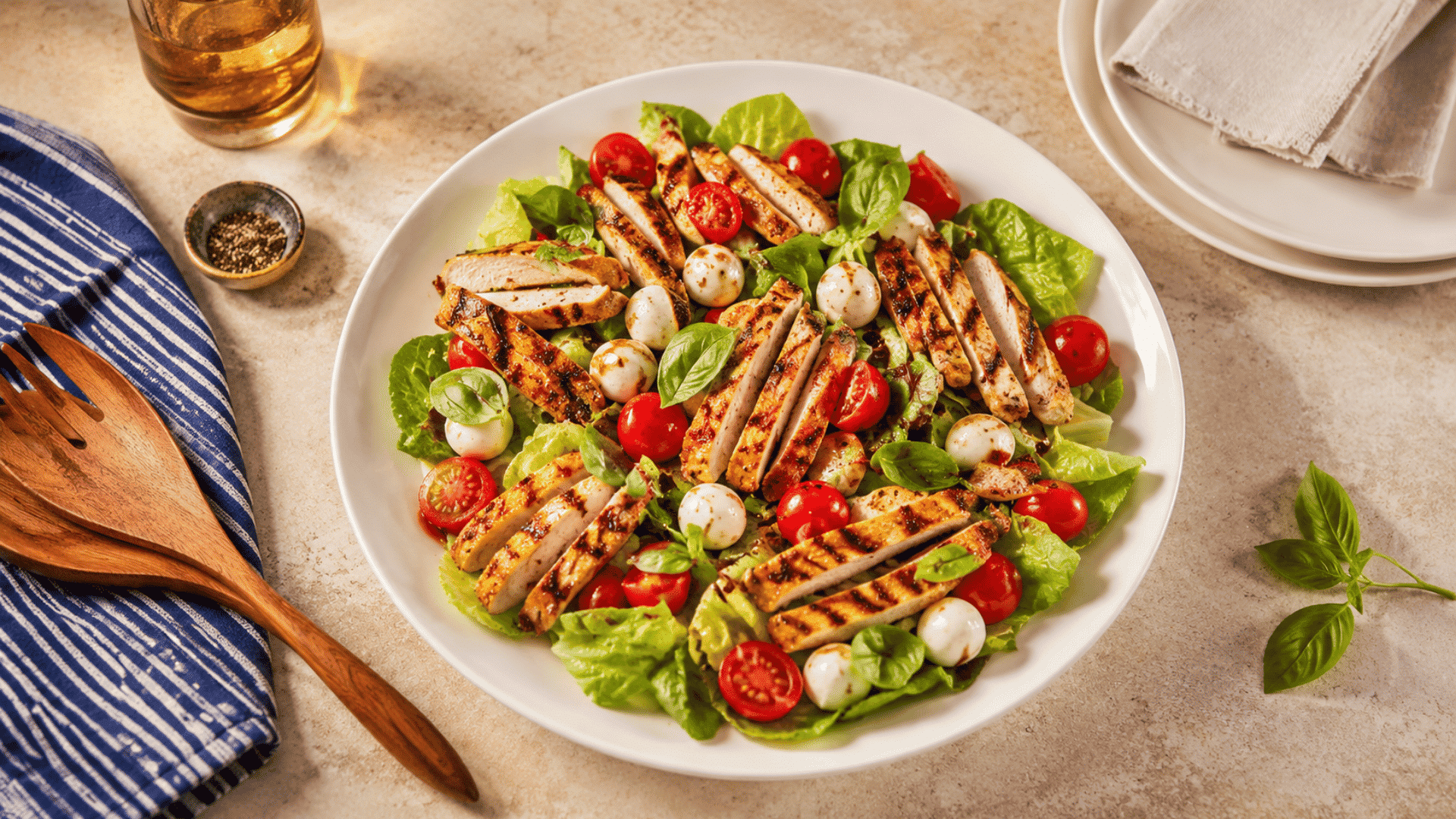grilled chicken salad with romaine lettuce cherry tomatoes,mozzarella balls and fresh basil