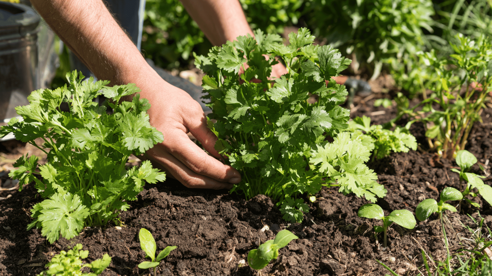 growing cilantro correctly in a sunny garden bed with healthy green leaves and well-drained soil