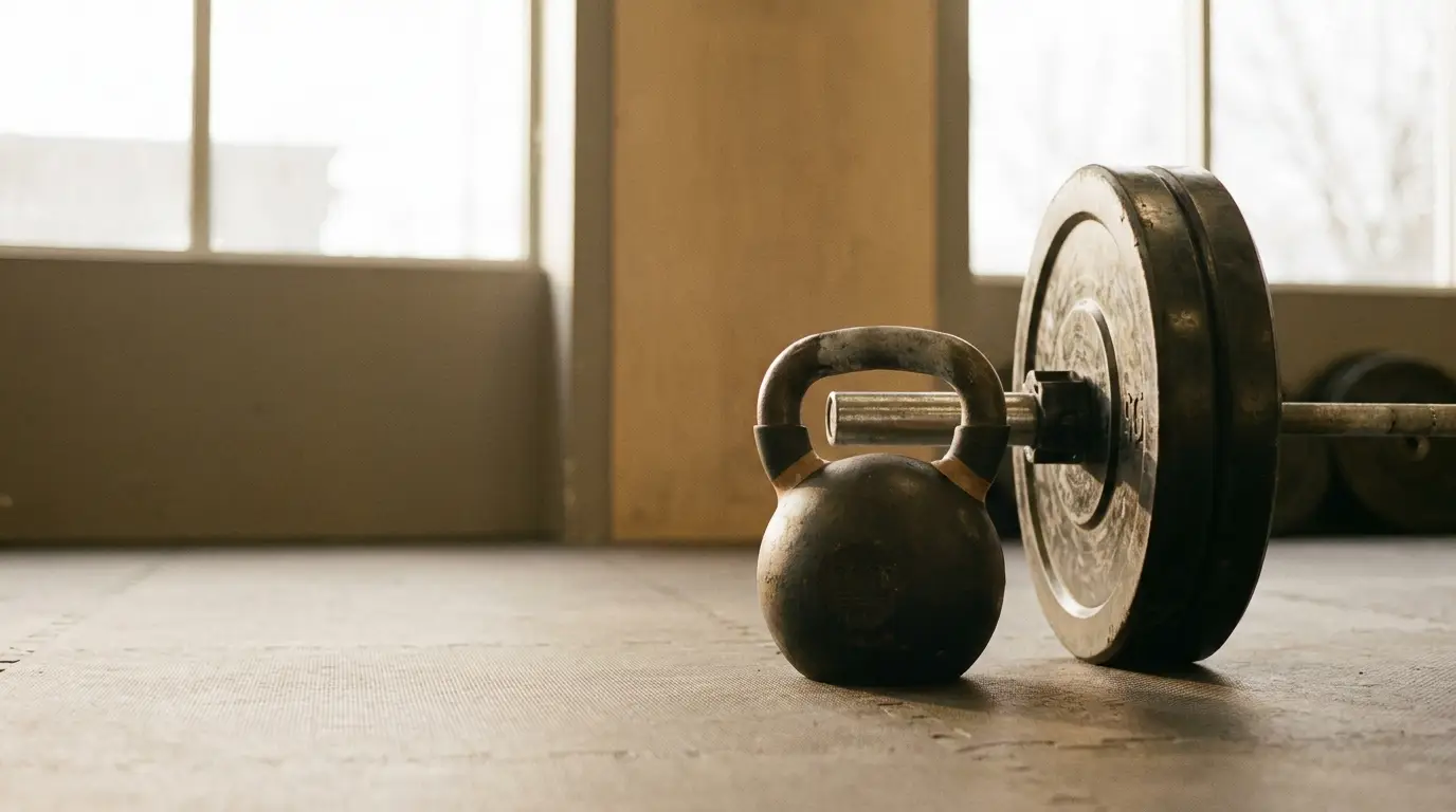 Kettlebell and barbell on gym floor with natural light through windows